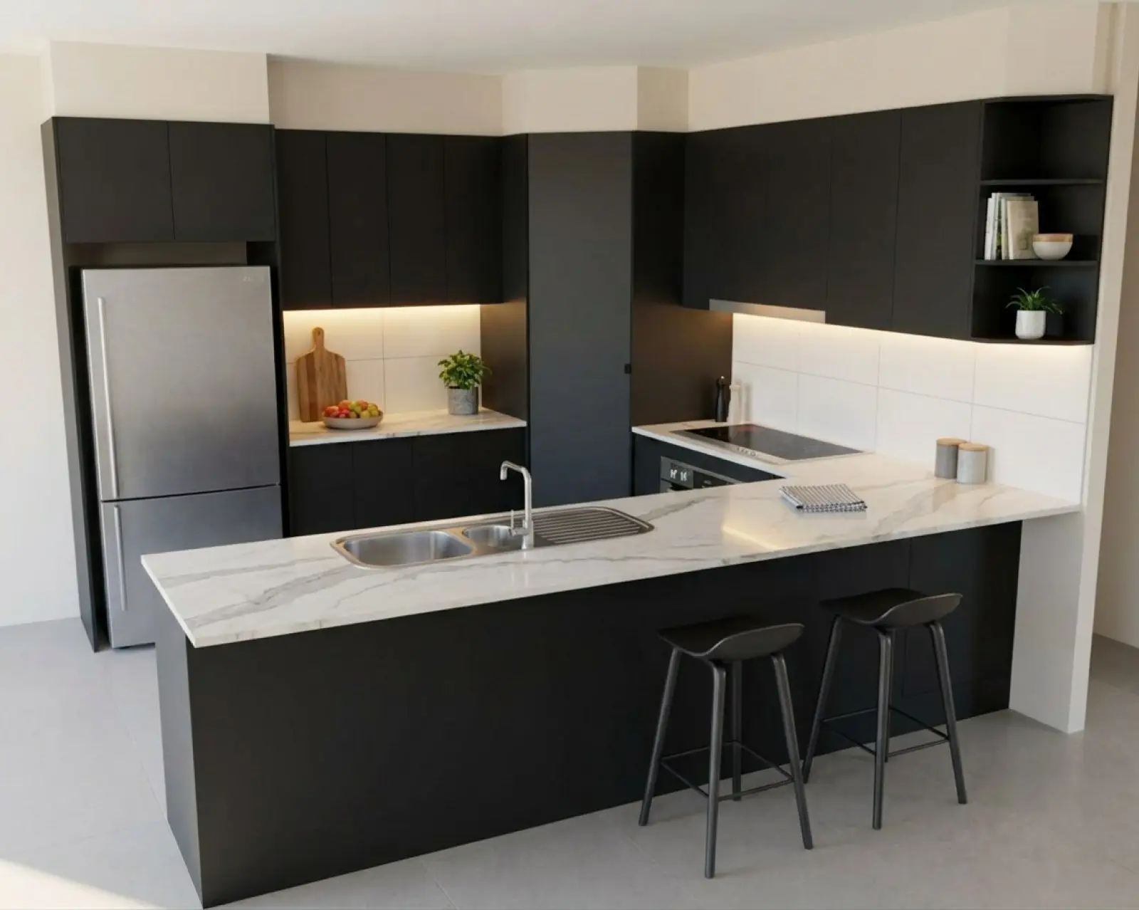 A kitchen render with matte black cabinets and the floor in pale stone