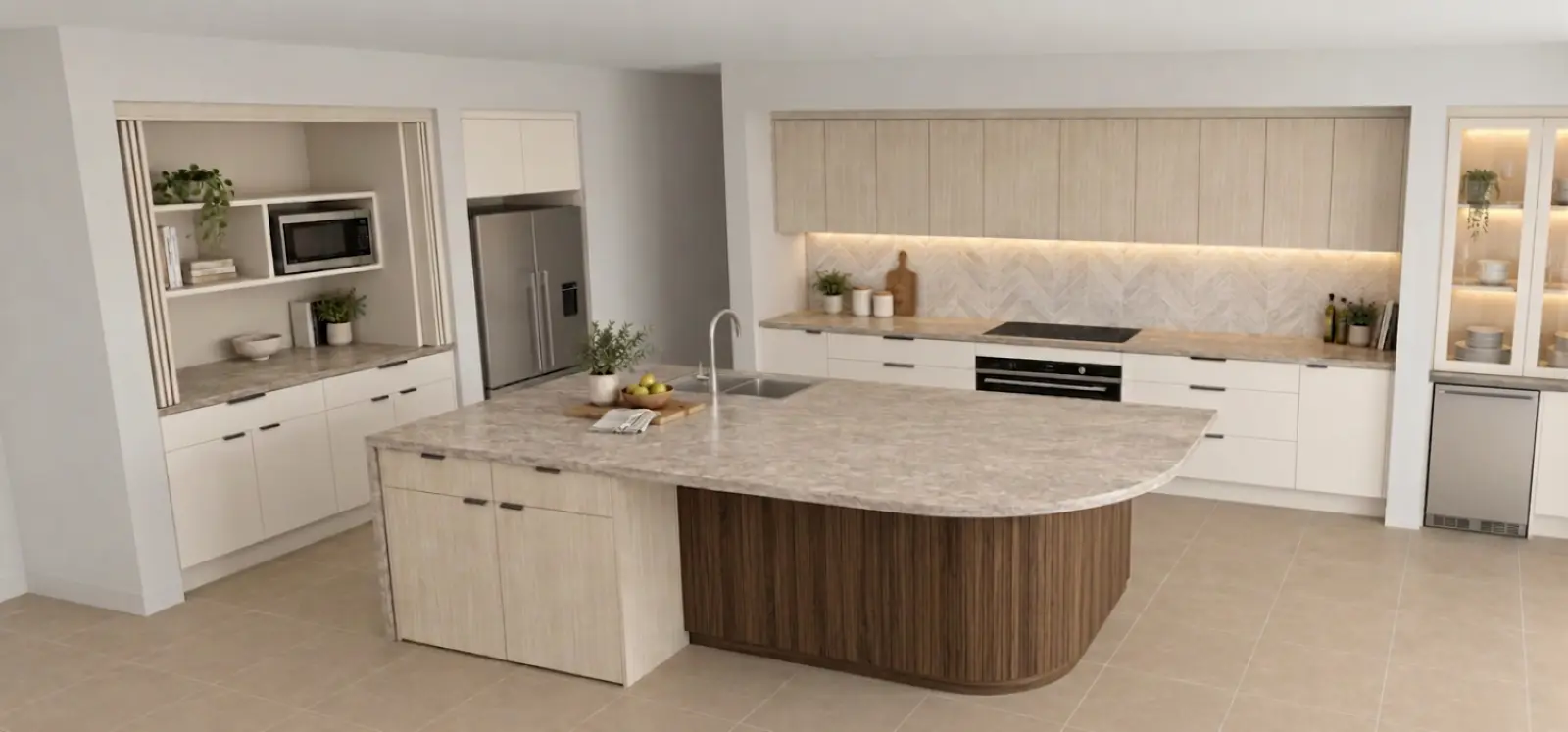 After: The Asterlyn Space render of that drawing: pale timber-look cabinets, a fluted walnut island end and a herringbone tile splashback