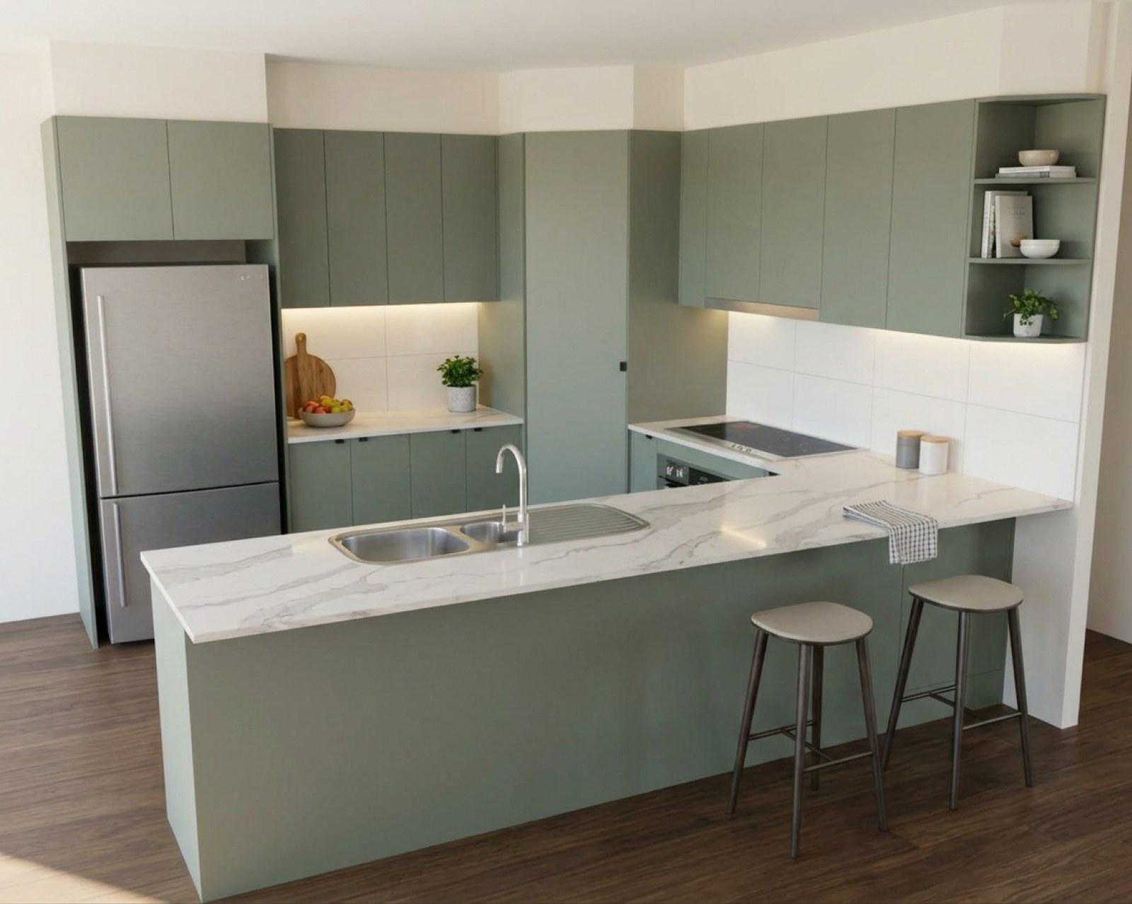 A kitchen render with sage cabinets and the floor in smoked oak