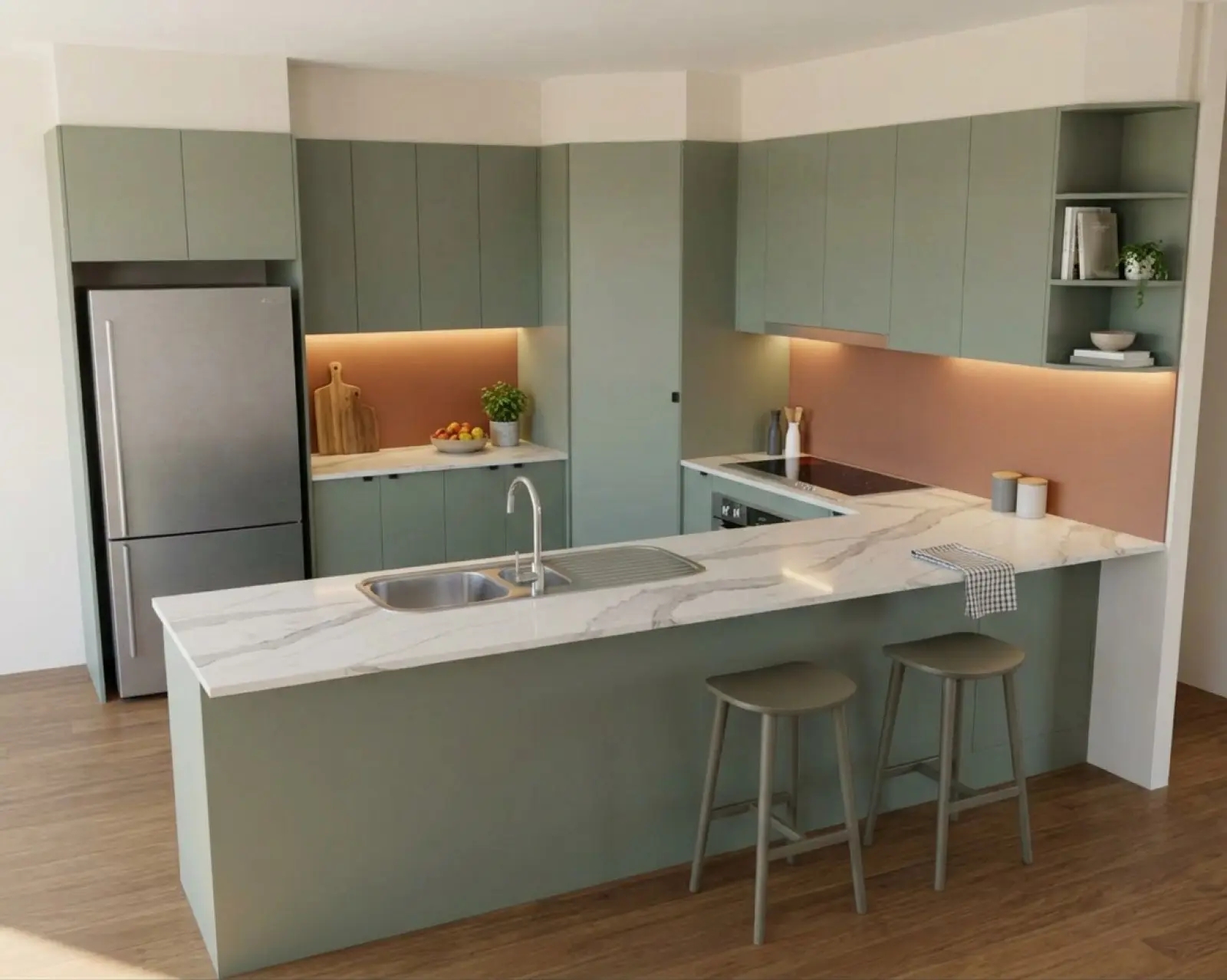 A kitchen render with sage cabinets and the splashback in terracotta