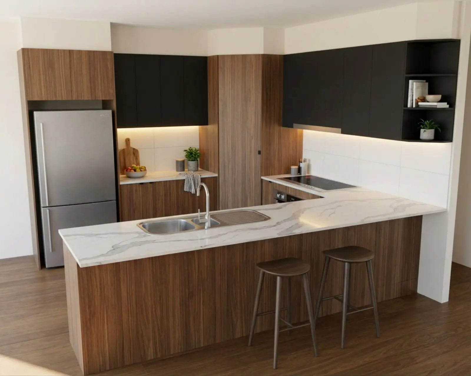 A kitchen render with walnut cabinets and the overheads in matte black