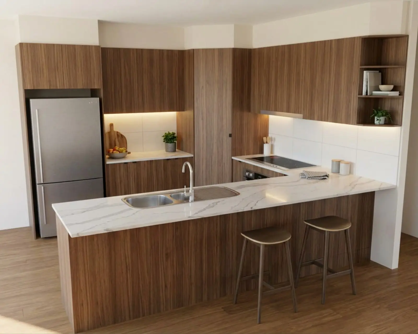 The same kitchen rendered with walnut cabinets