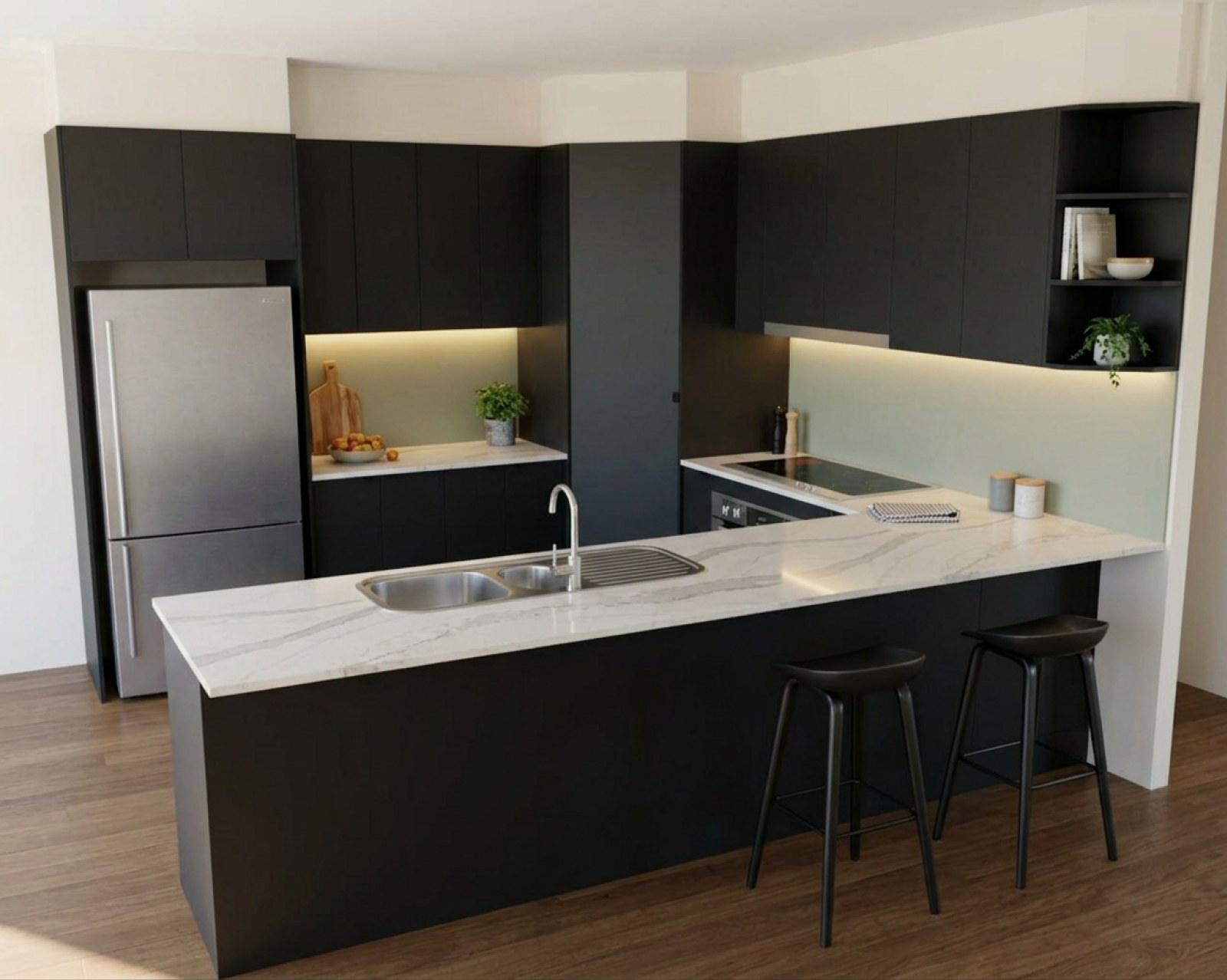 A kitchen render with matte black cabinets and the splashback in sage