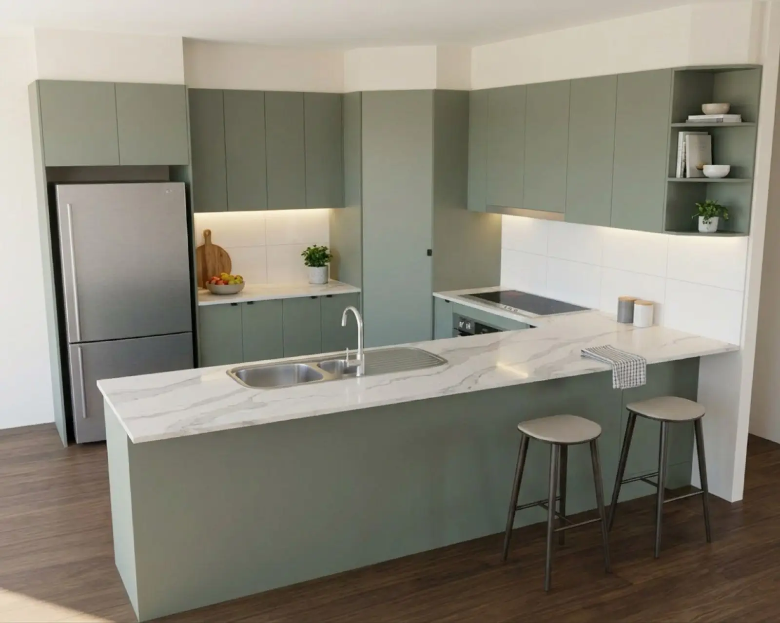 A kitchen render with sage cabinets and the floor in smoked oak