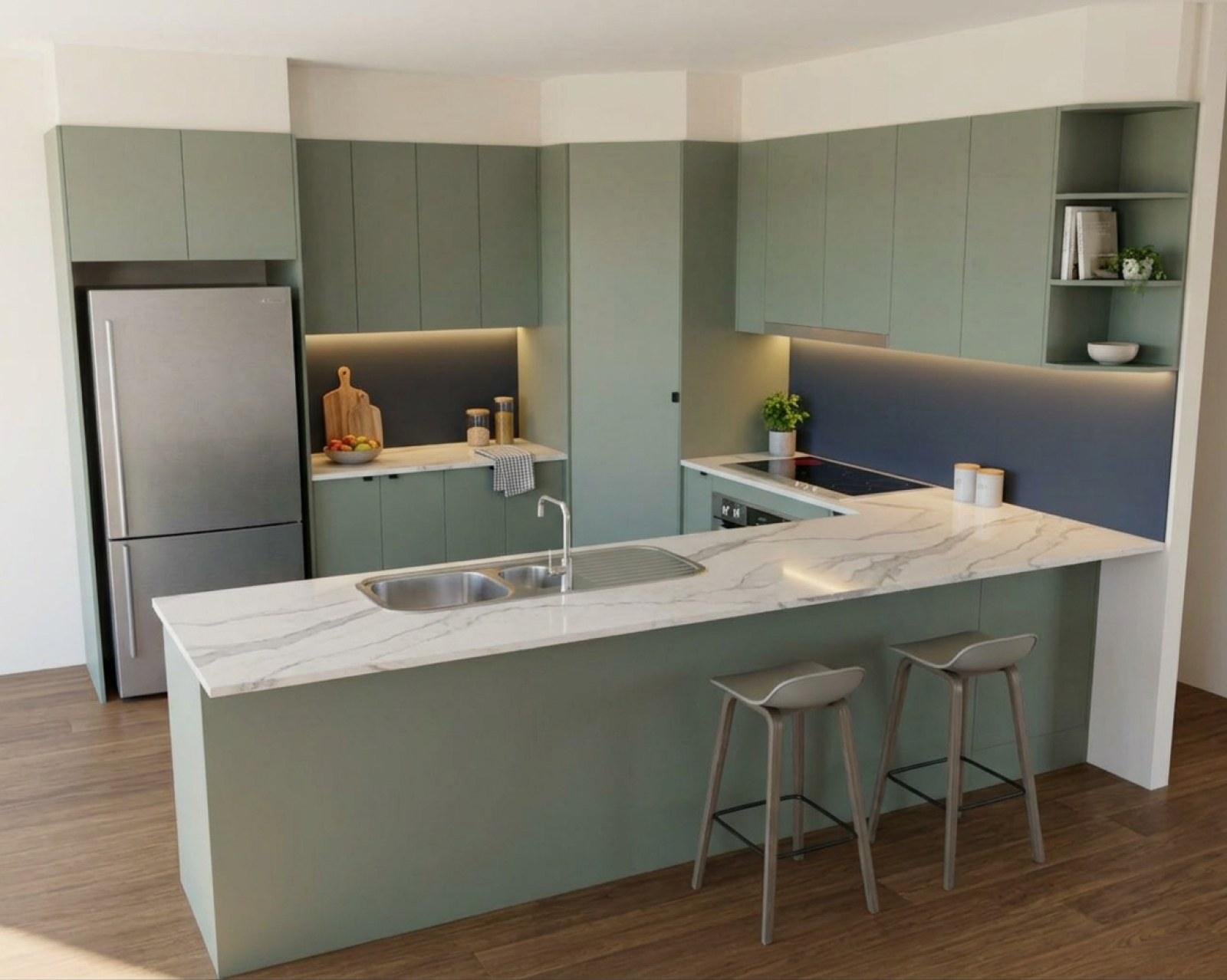 A kitchen render with sage cabinets and the splashback in navy