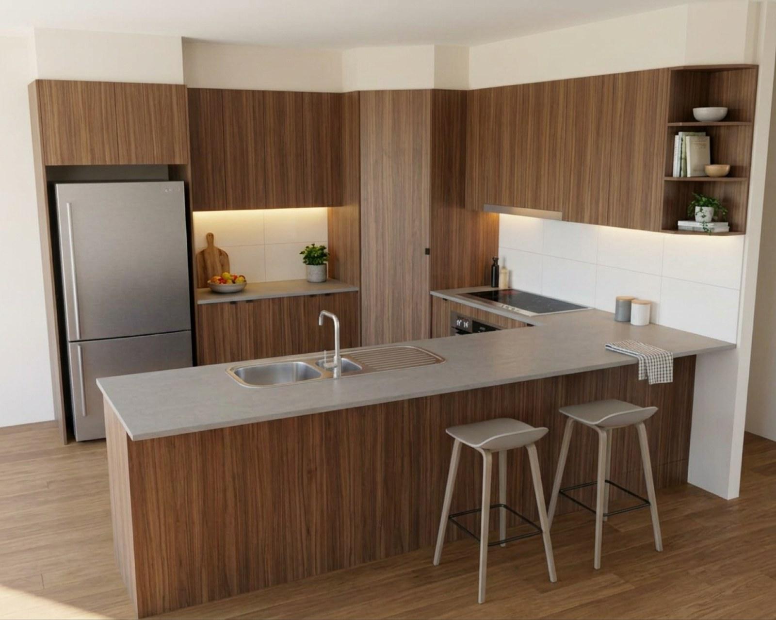 A kitchen render with walnut cabinets and the benchtop in grey stone