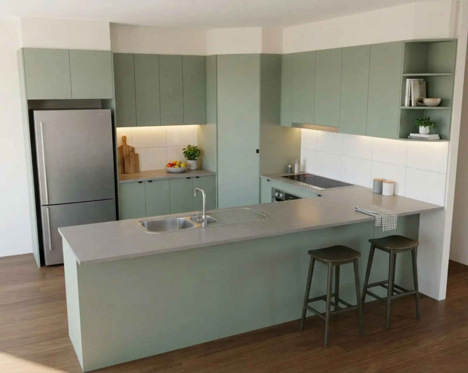 A kitchen render with sage cabinets and the benchtop in grey stone