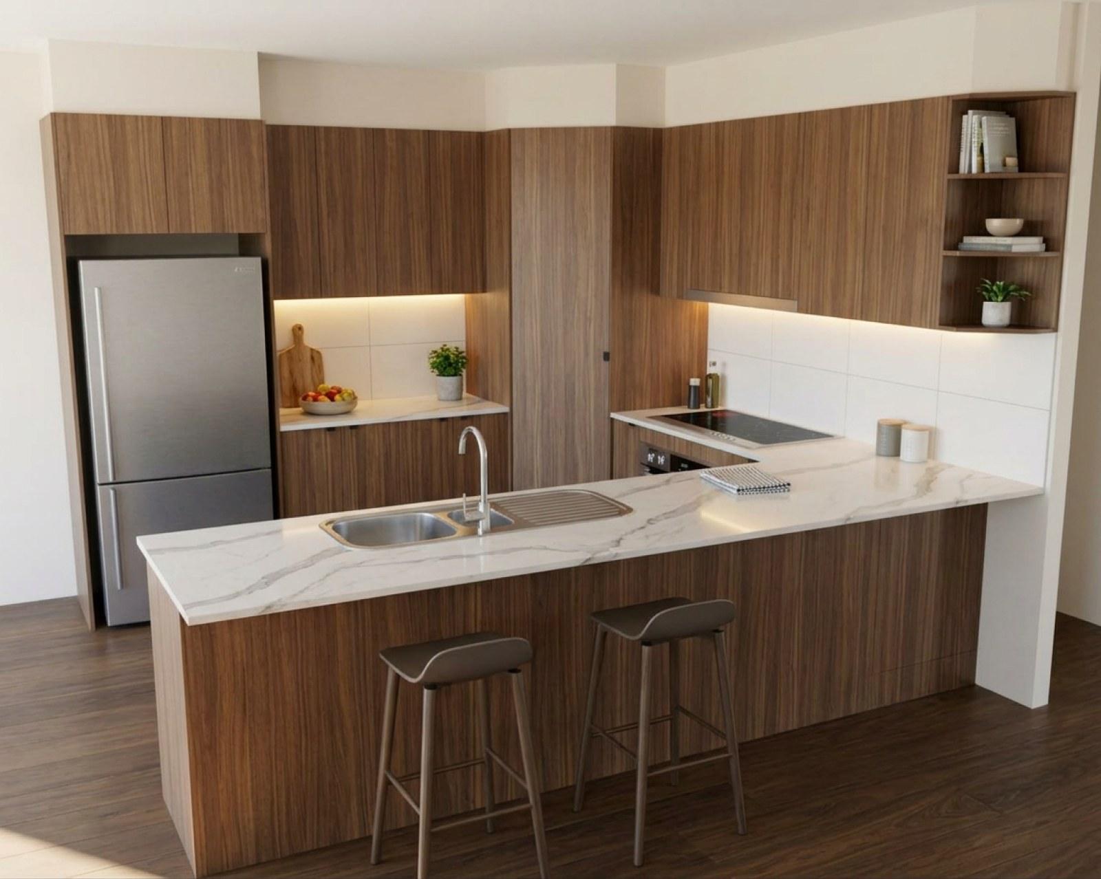 A kitchen render with walnut cabinets and the floor in smoked oak