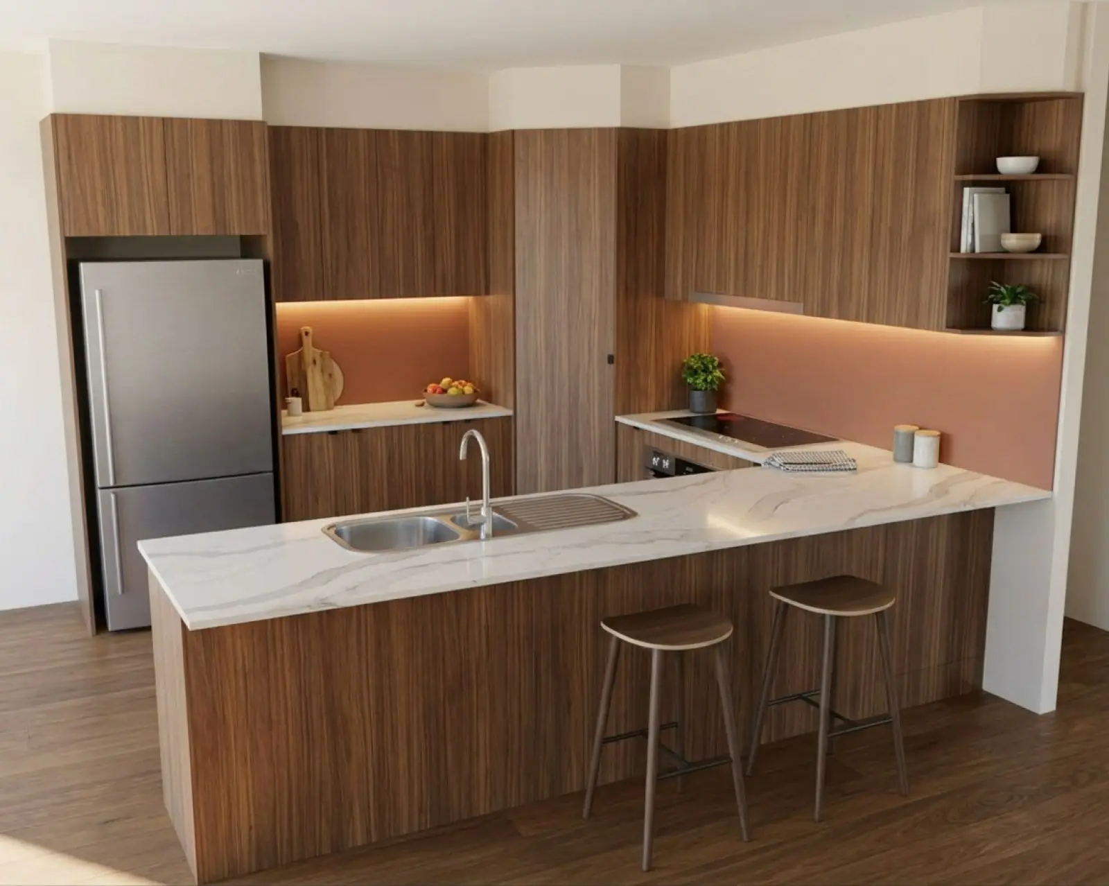 A kitchen render with walnut cabinets and the splashback in terracotta