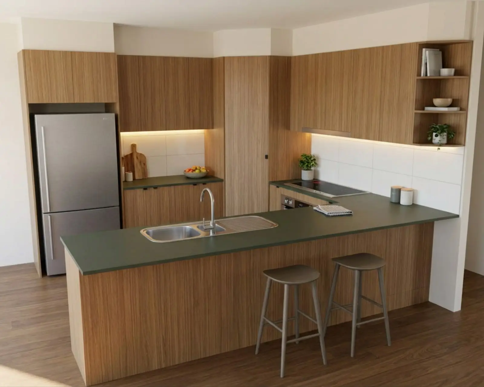 A kitchen render with oak cabinets and the benchtop in forest green