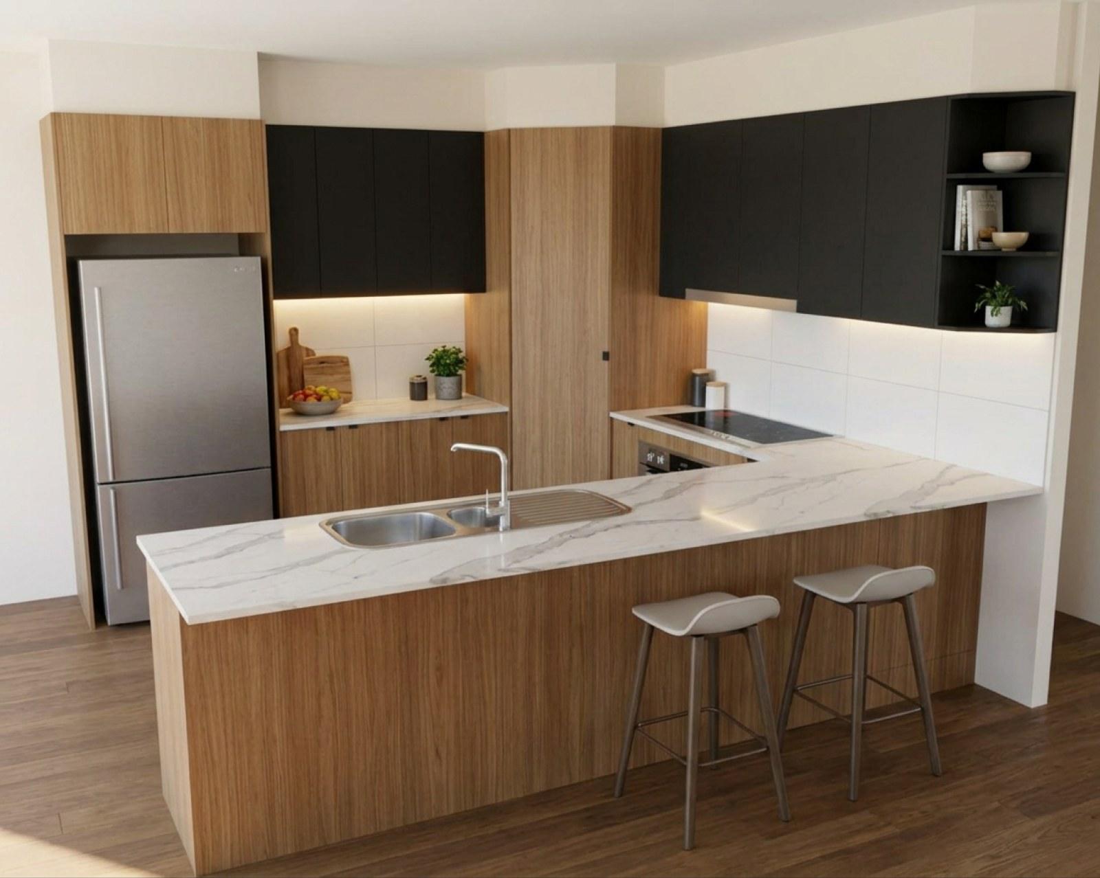A kitchen render with oak cabinets and the overheads in matte black