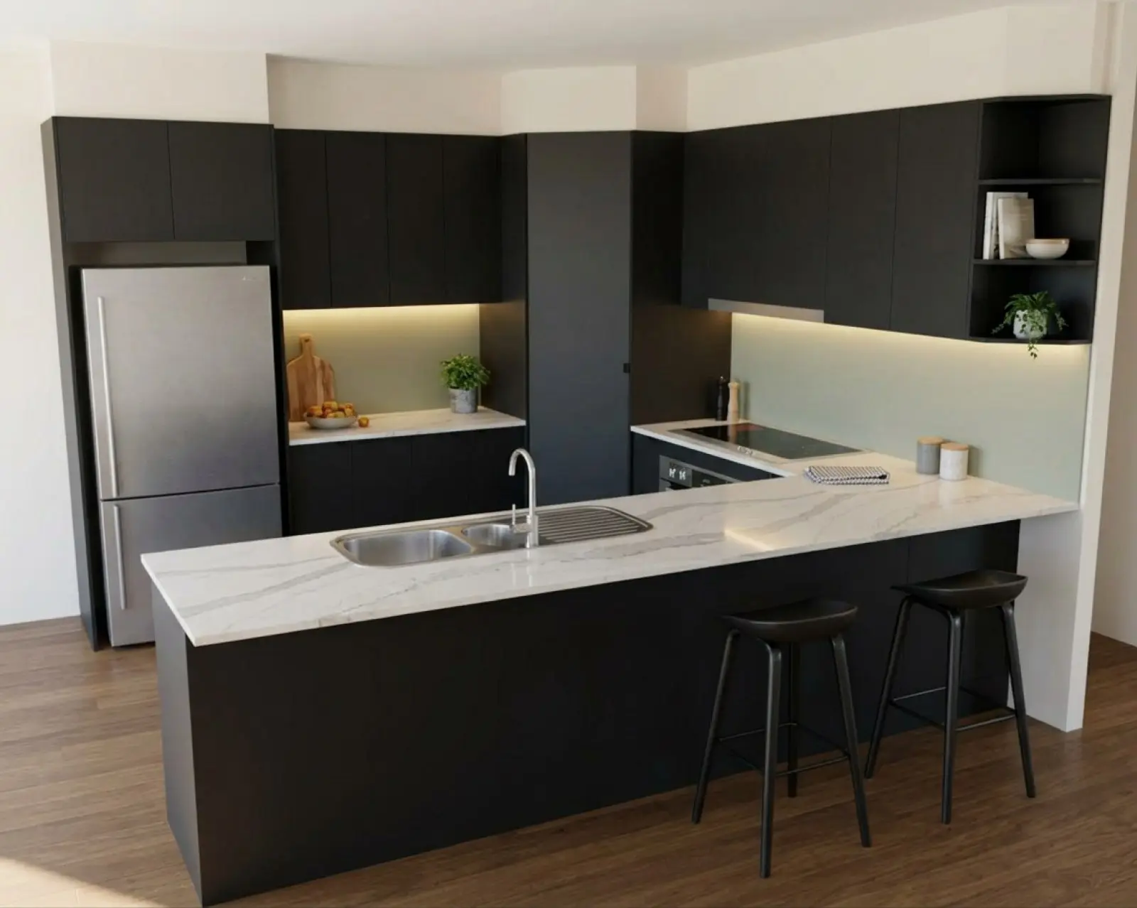 A kitchen render with matte black cabinets and the splashback in sage