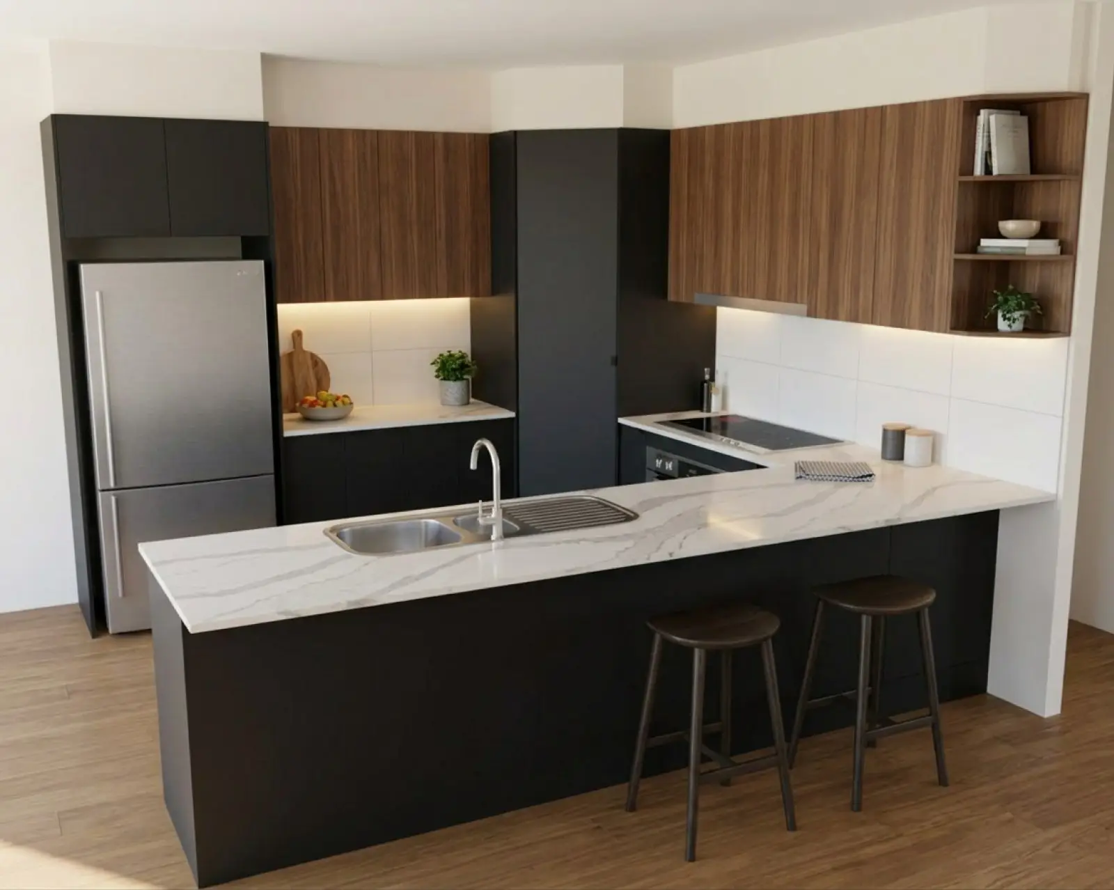 A kitchen render with matte black cabinets and the overheads in walnut