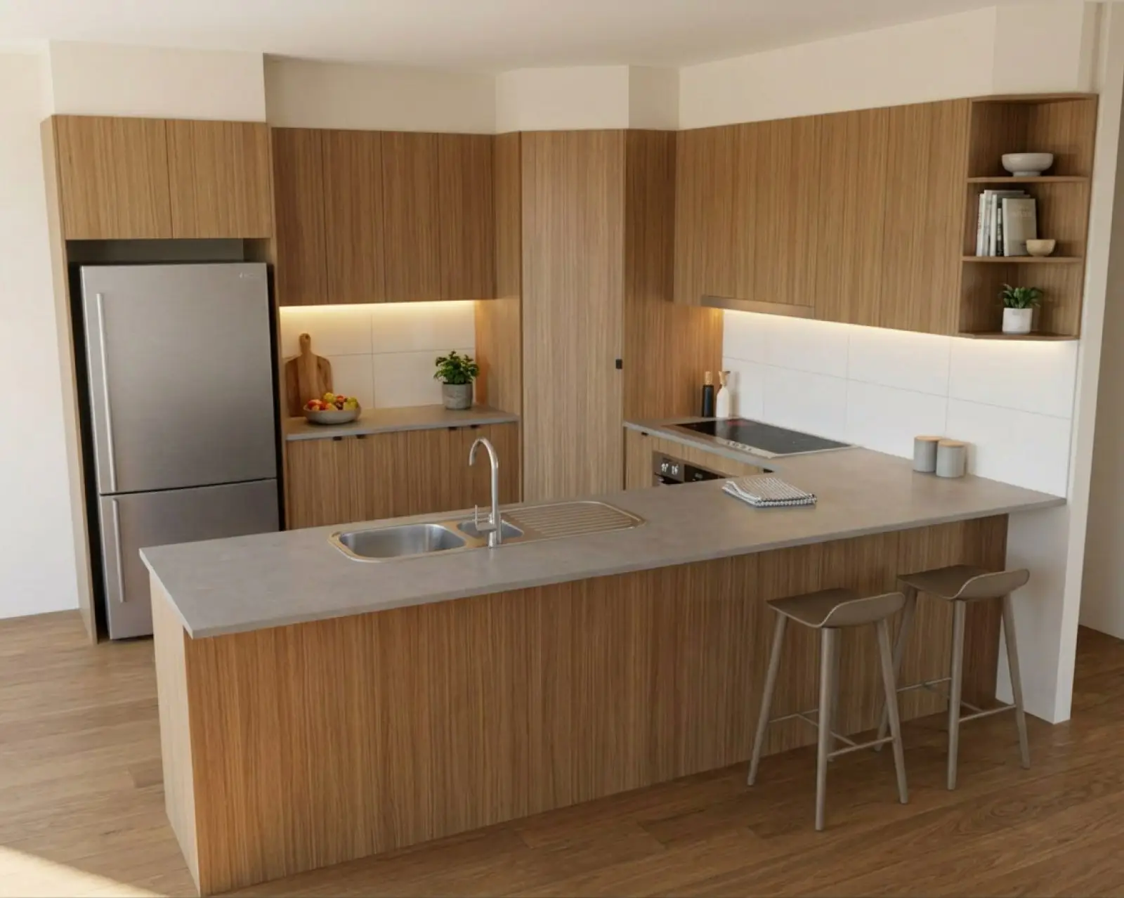 A kitchen render with oak cabinets and the benchtop in grey stone