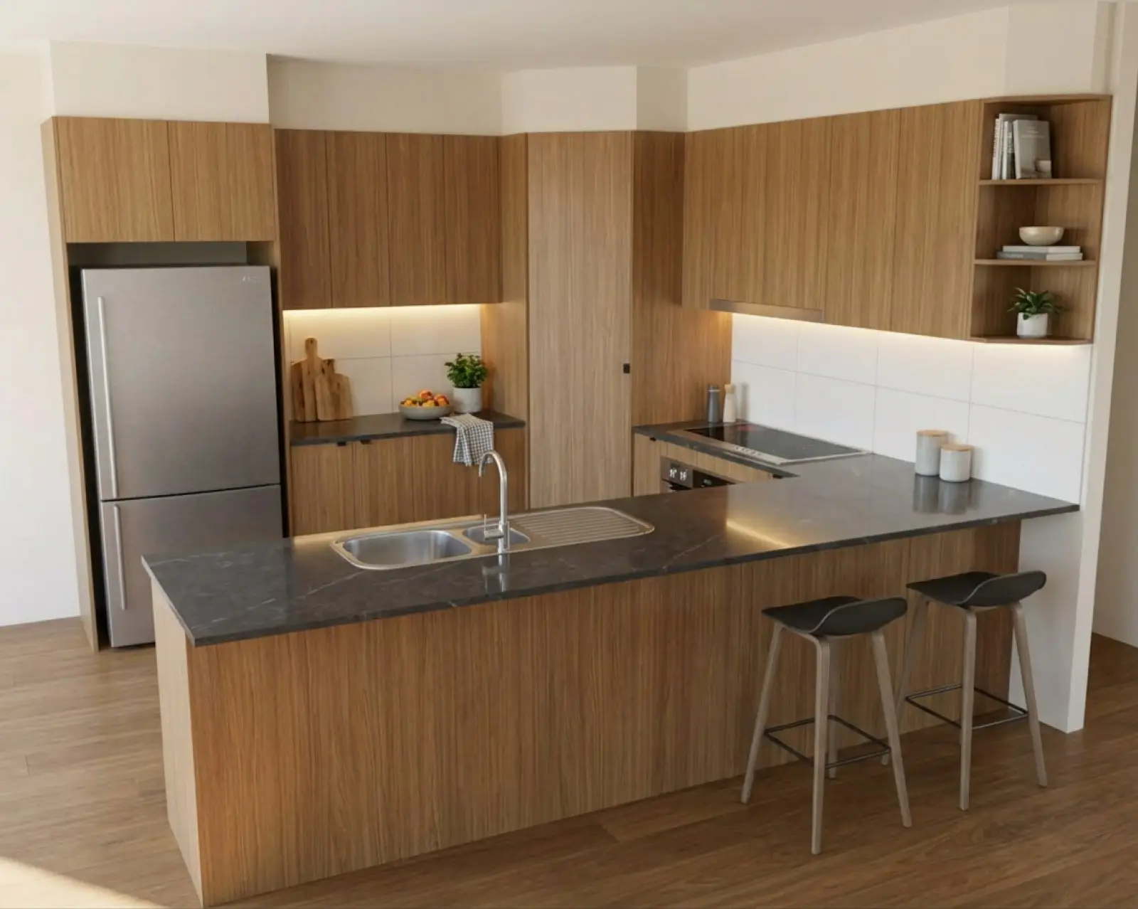 A kitchen render with oak cabinets and the benchtop in charcoal marble