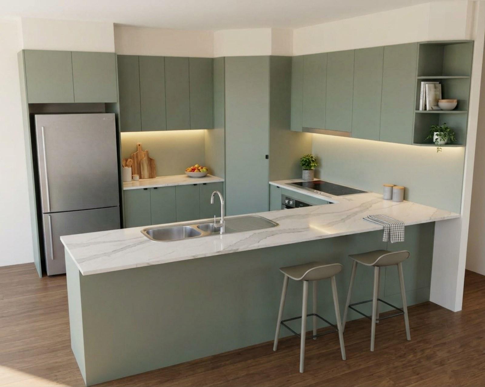 A kitchen render with sage cabinets and the splashback in sage