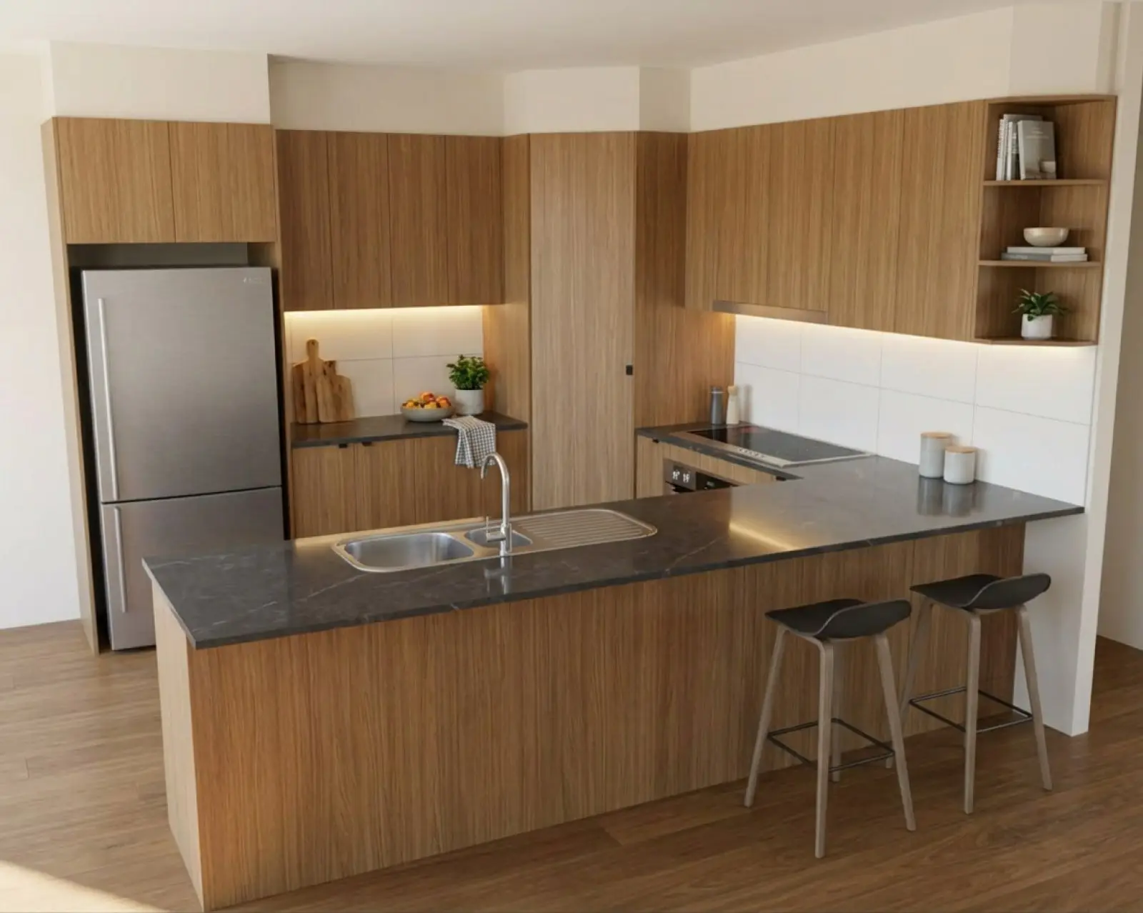 A kitchen render with oak cabinets and the benchtop in charcoal marble