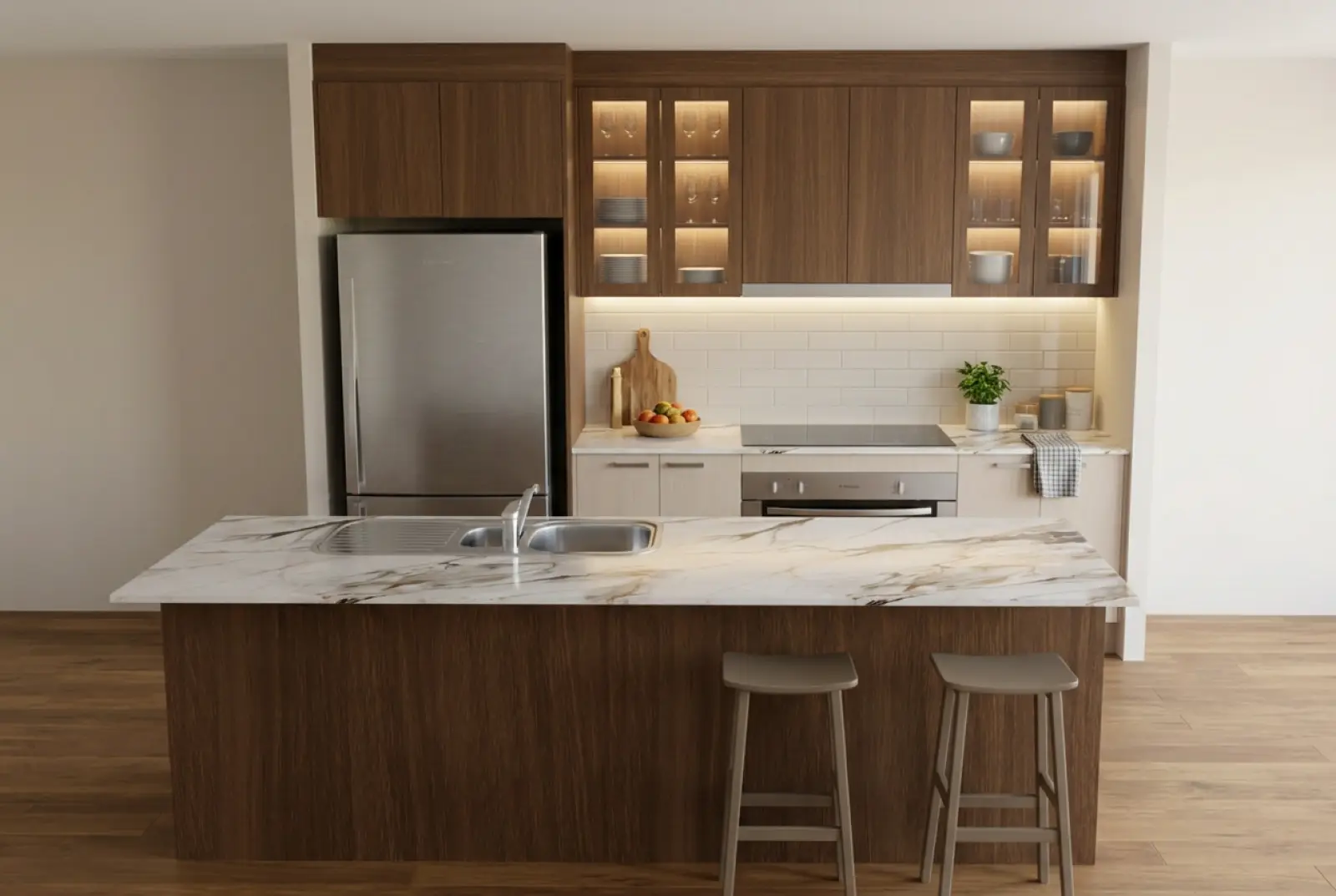 The same kitchen rendered with walnut overheads and island, pale timber bases, a white marble benchtop and a white subway tile splashback