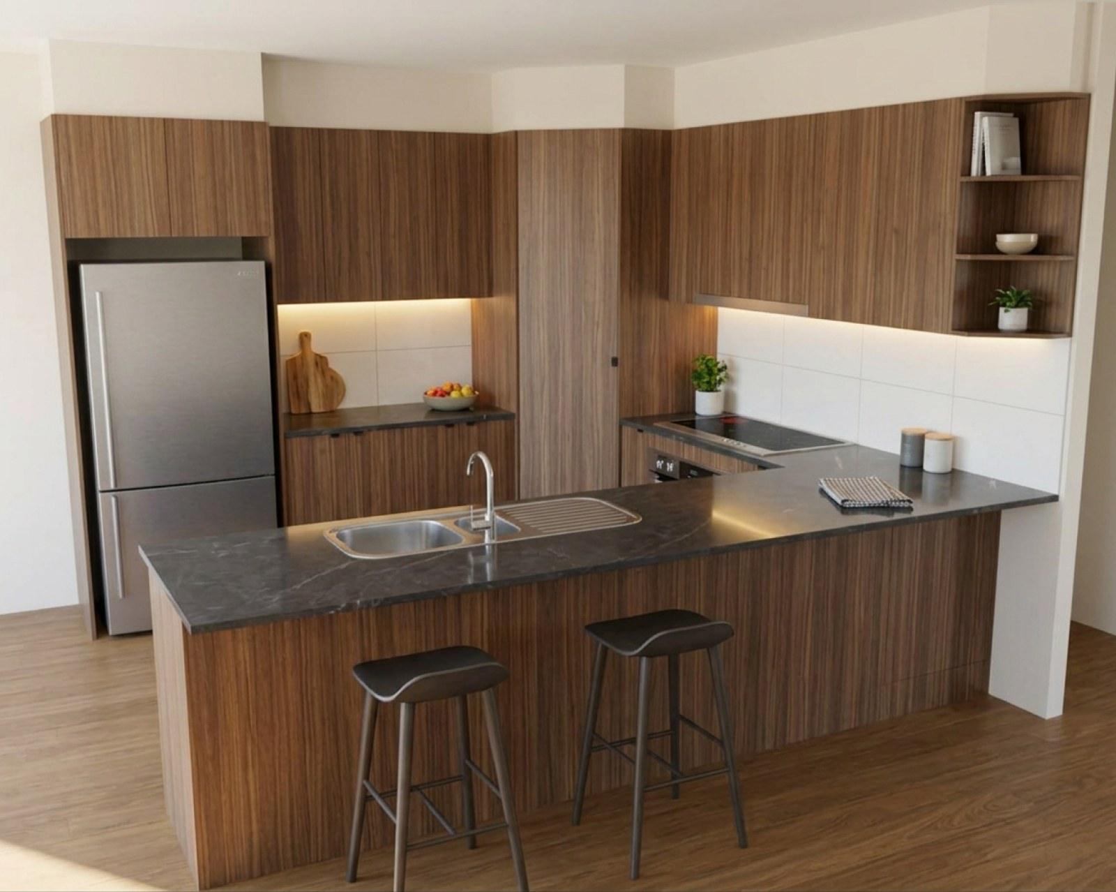 A kitchen render with walnut cabinets and the benchtop in charcoal marble