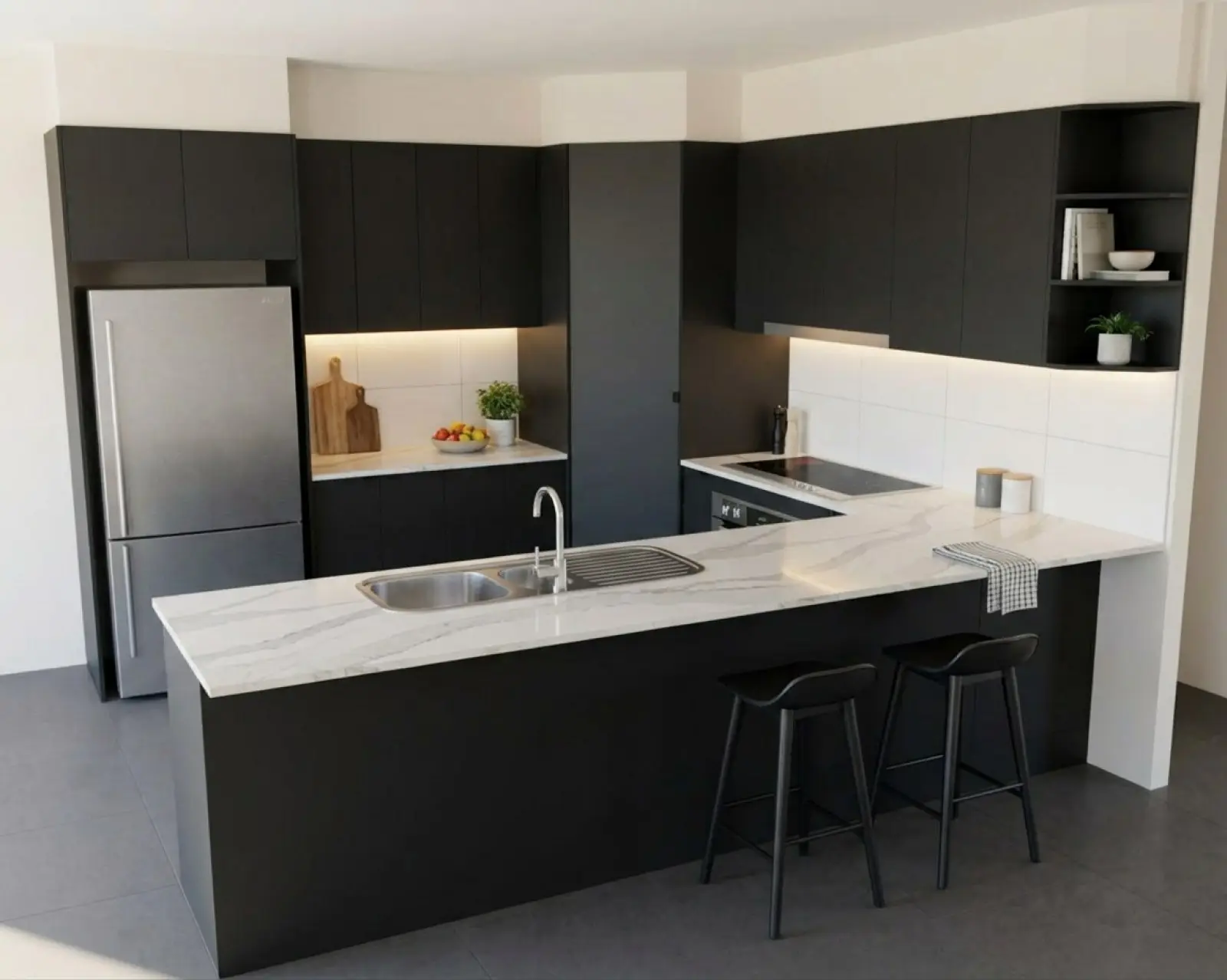 A kitchen render with matte black cabinets and the floor in charcoal tile