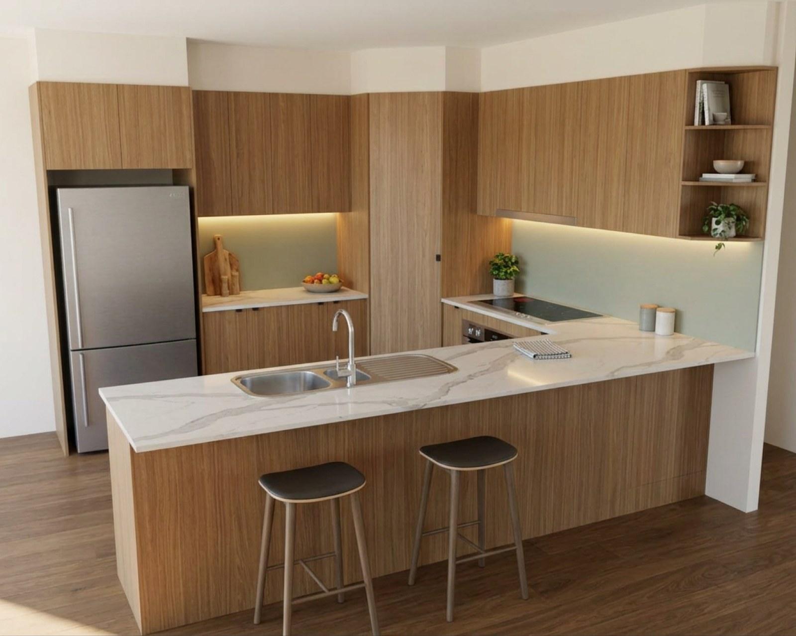 A kitchen render with oak cabinets and the splashback in sage