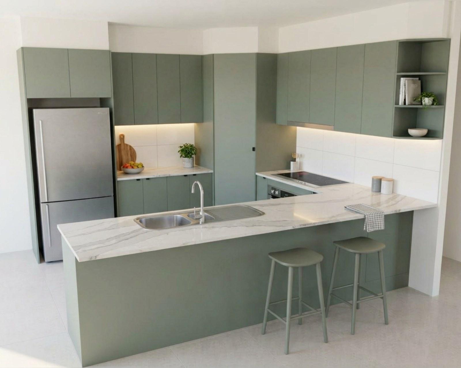 A kitchen render with sage cabinets and the floor in pale stone