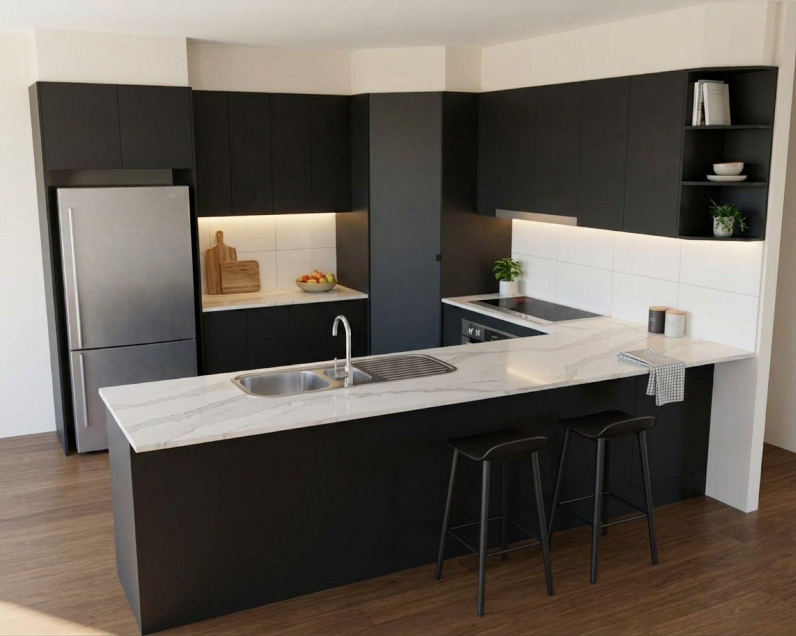 A kitchen render with matte black cabinets