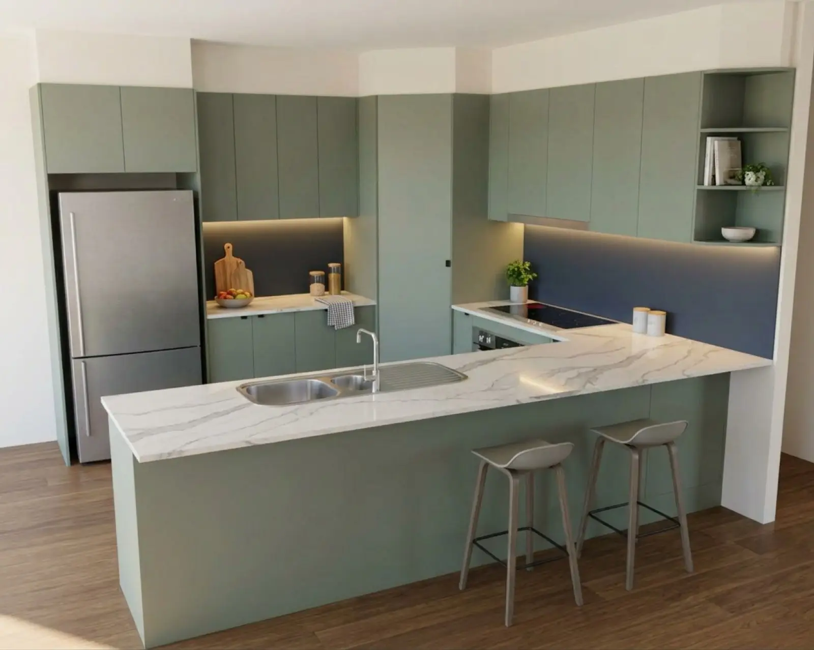 A kitchen render with sage cabinets and the splashback in navy