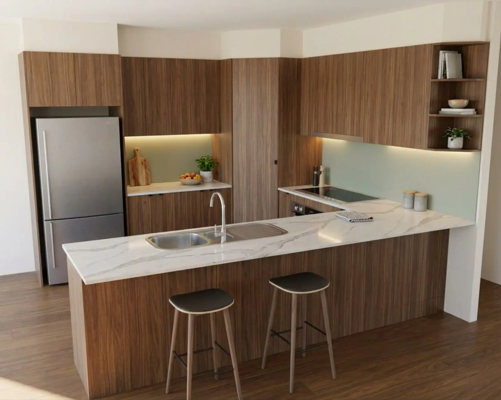 A kitchen render with walnut cabinets and the splashback in sage