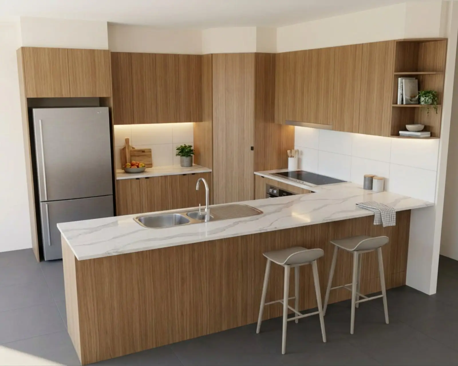 A kitchen render with oak cabinets and the floor in charcoal tile