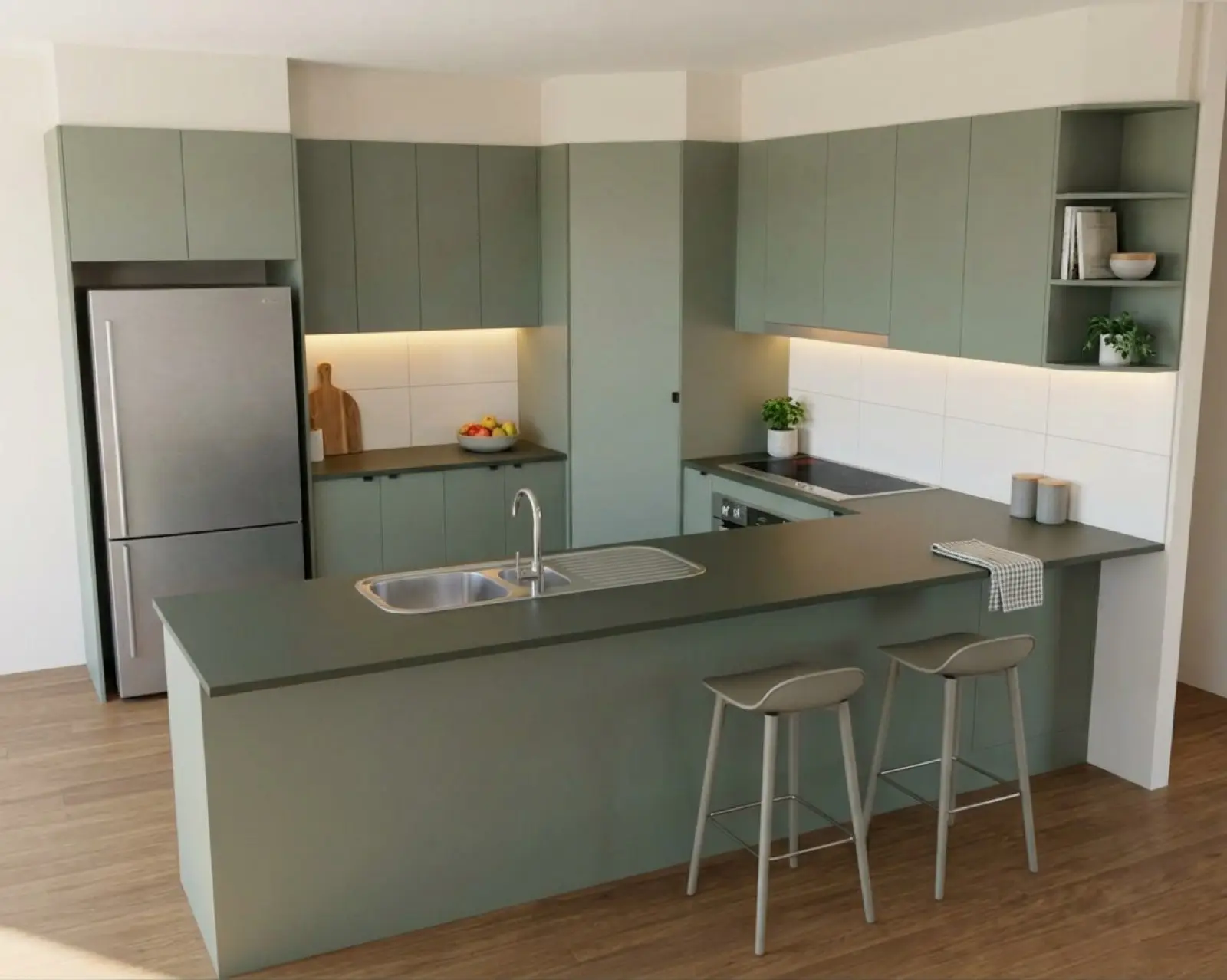 A kitchen render with sage cabinets and the benchtop in forest green