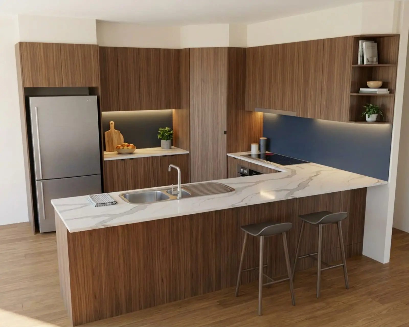 A kitchen render with walnut cabinets and the splashback in navy