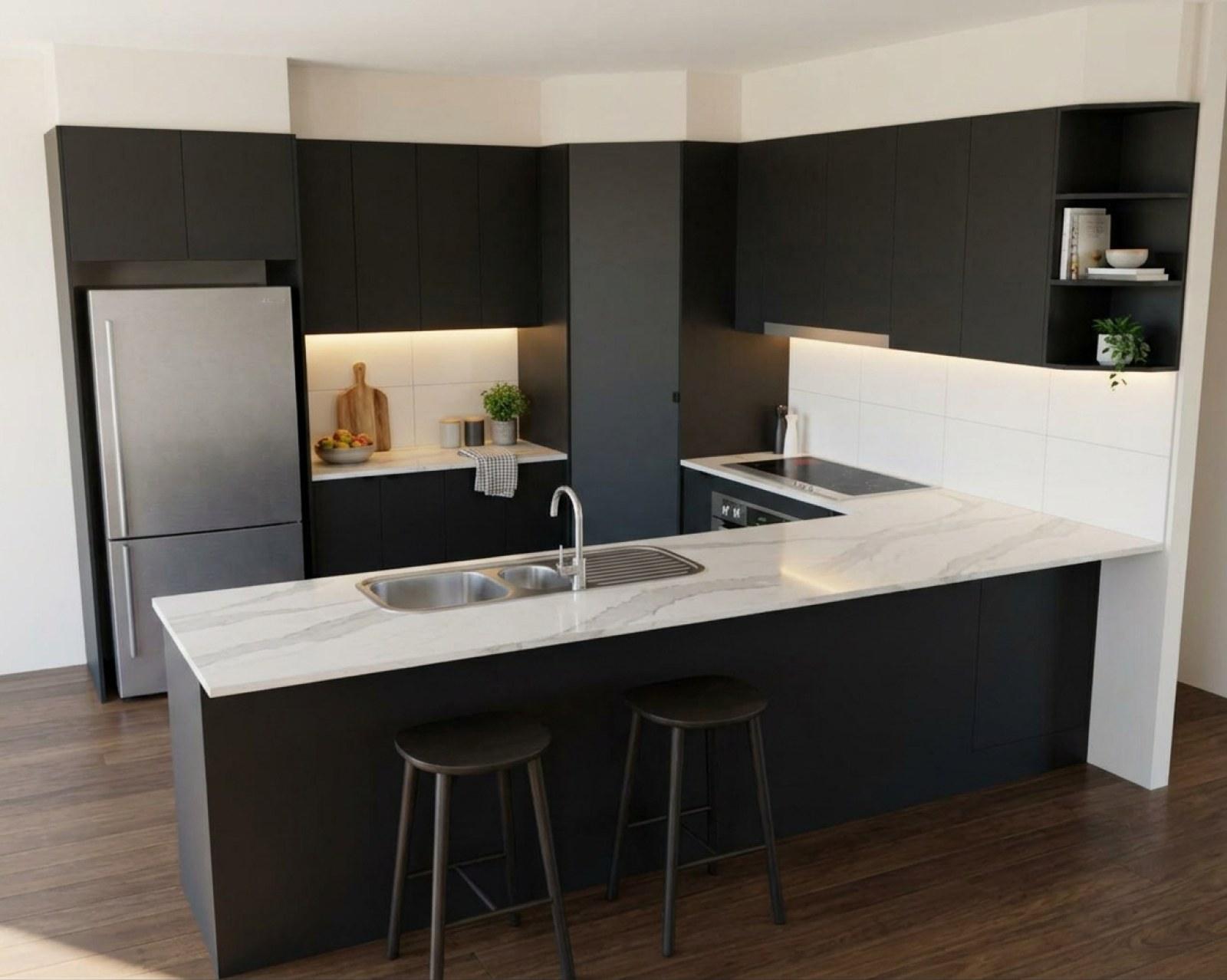 A kitchen render with matte black cabinets and the floor in smoked oak