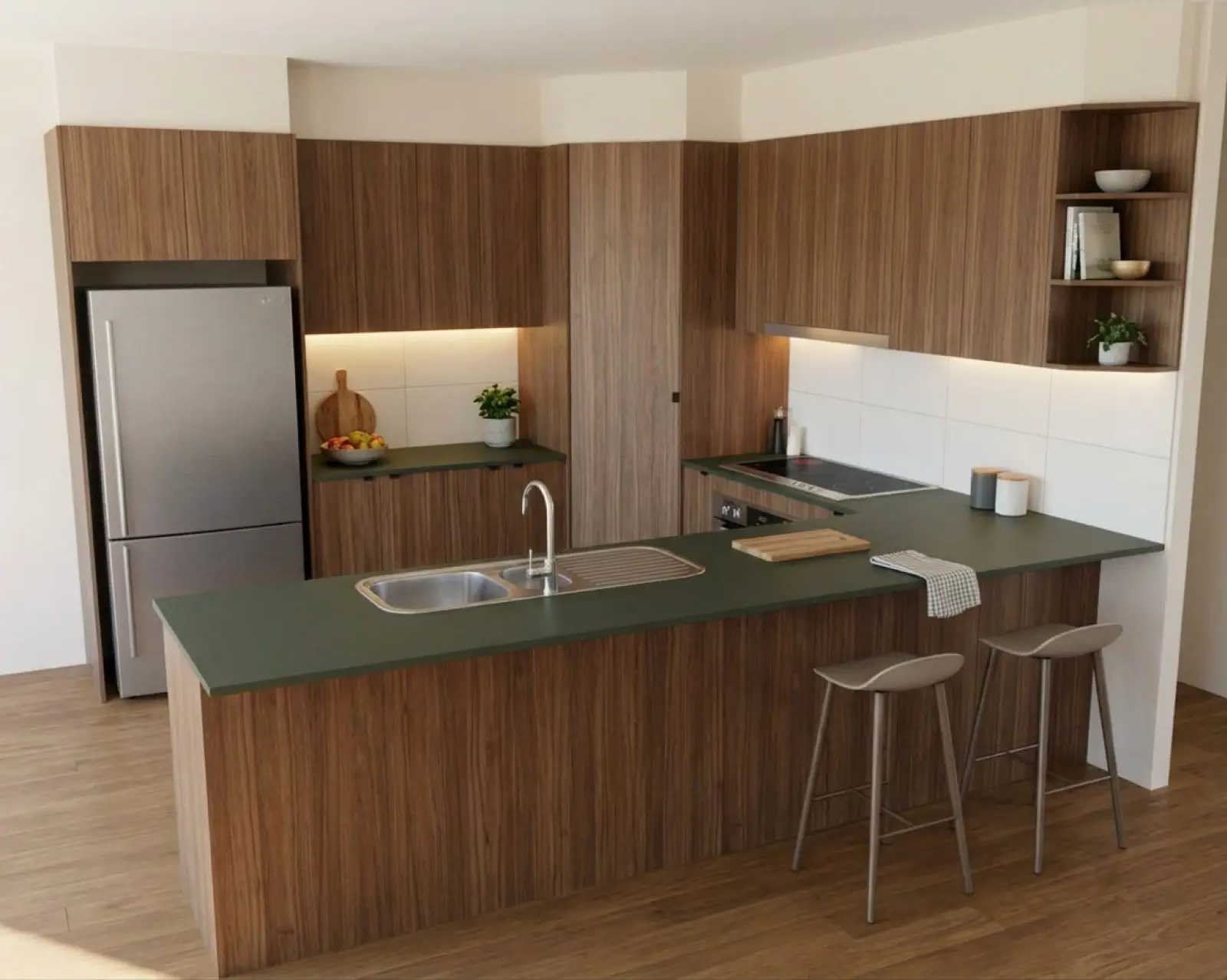 A kitchen render with walnut cabinets and the benchtop in forest green