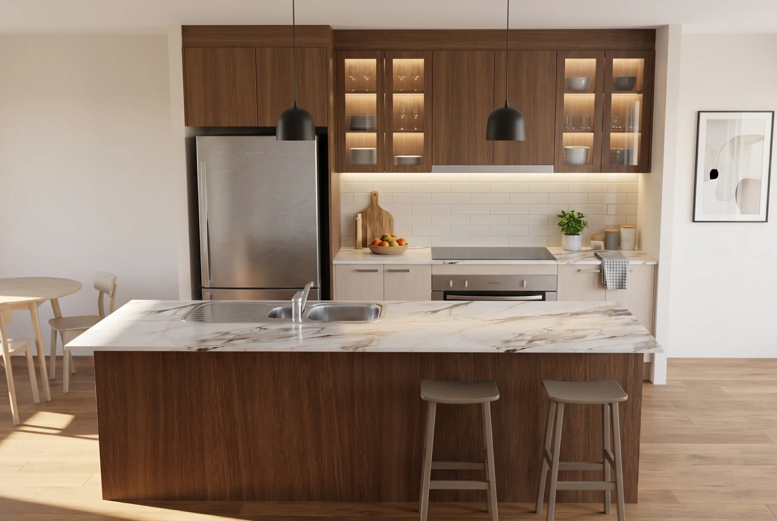 The same kitchen with the lights on and the room dressed: lit glass cabinets, pendant lights, a dining setting and artwork