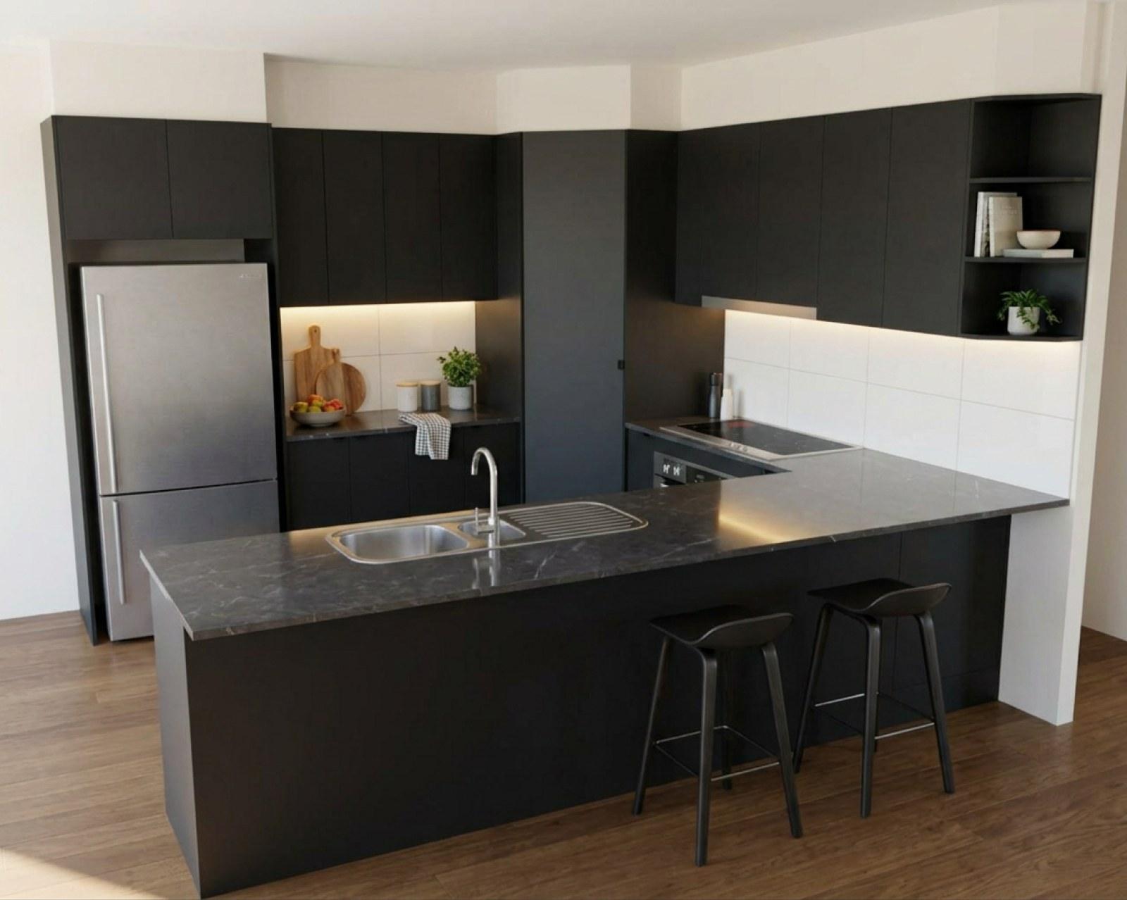 A kitchen render with matte black cabinets and the benchtop in charcoal marble