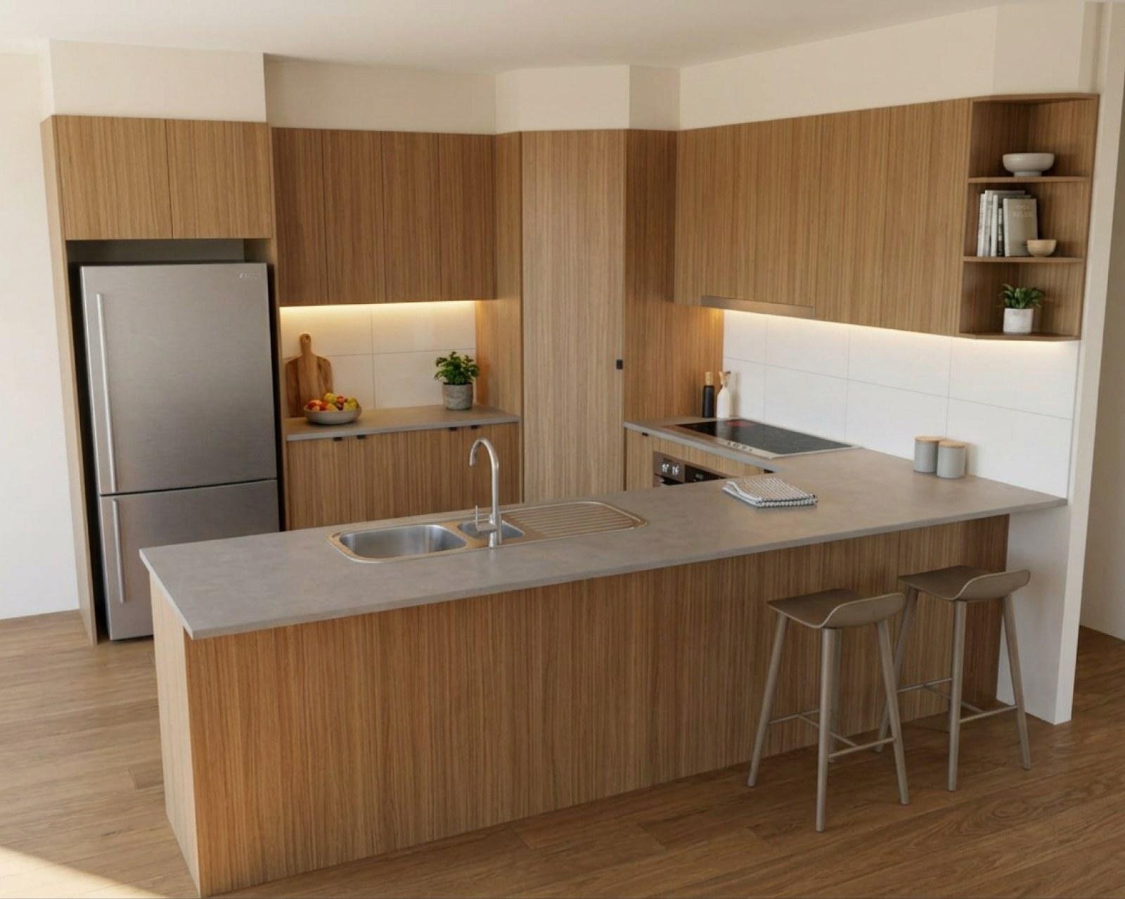 A kitchen render with oak cabinets and the benchtop in grey stone