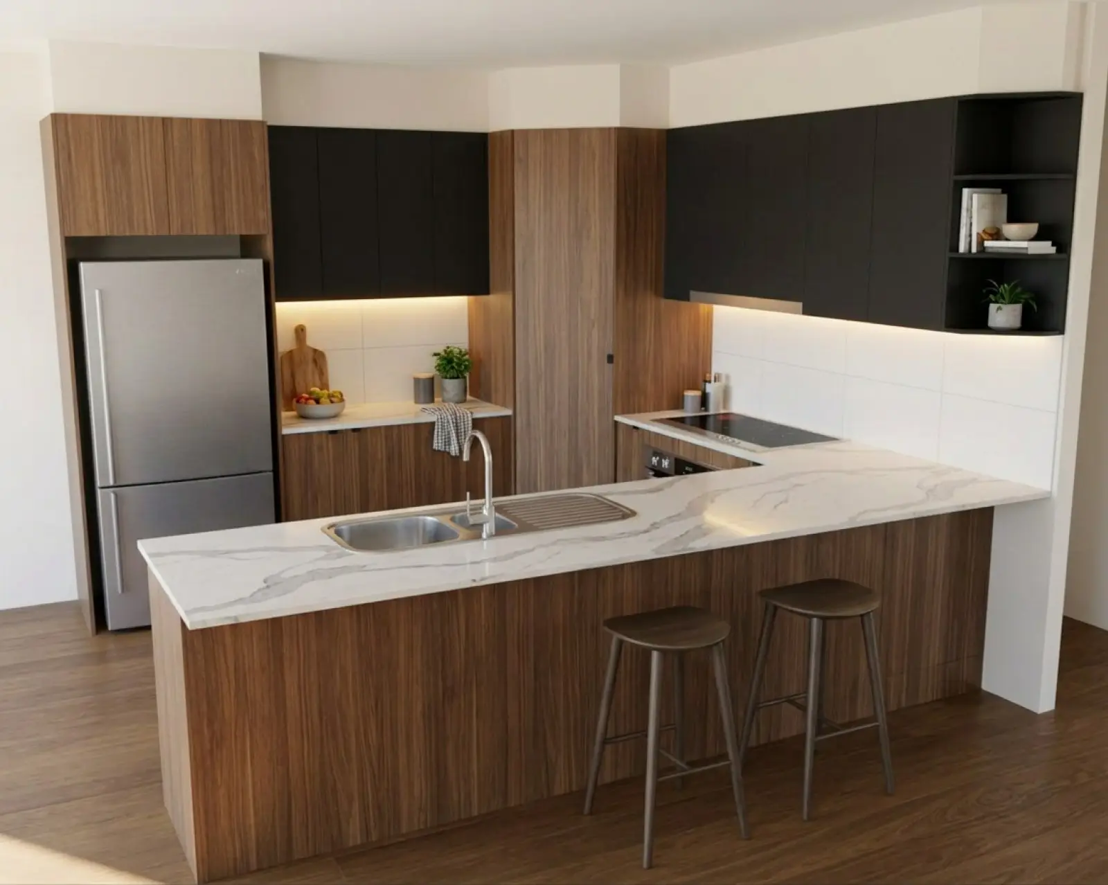 A kitchen render with walnut cabinets and the overheads in matte black