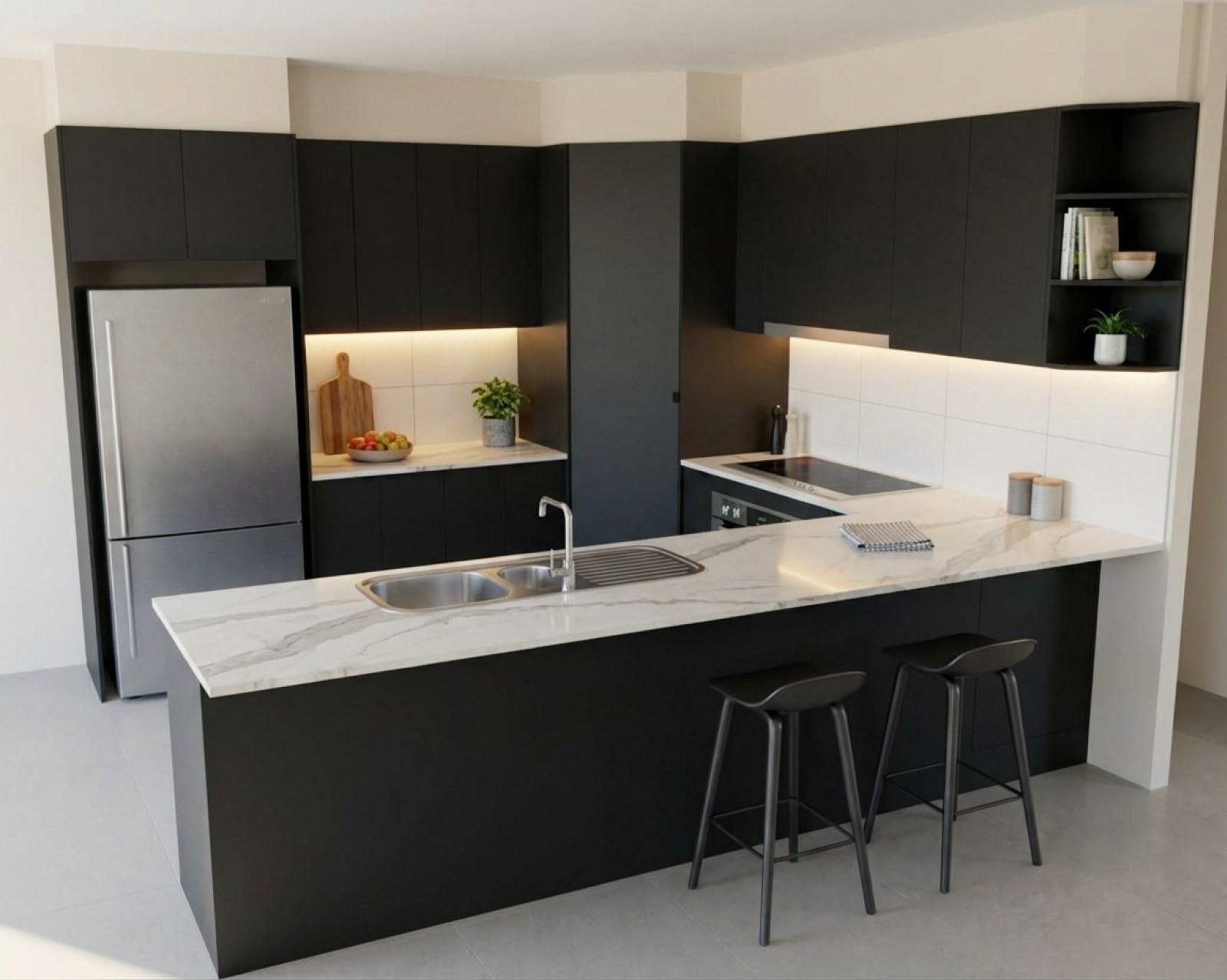 A kitchen render with matte black cabinets and the floor in pale stone