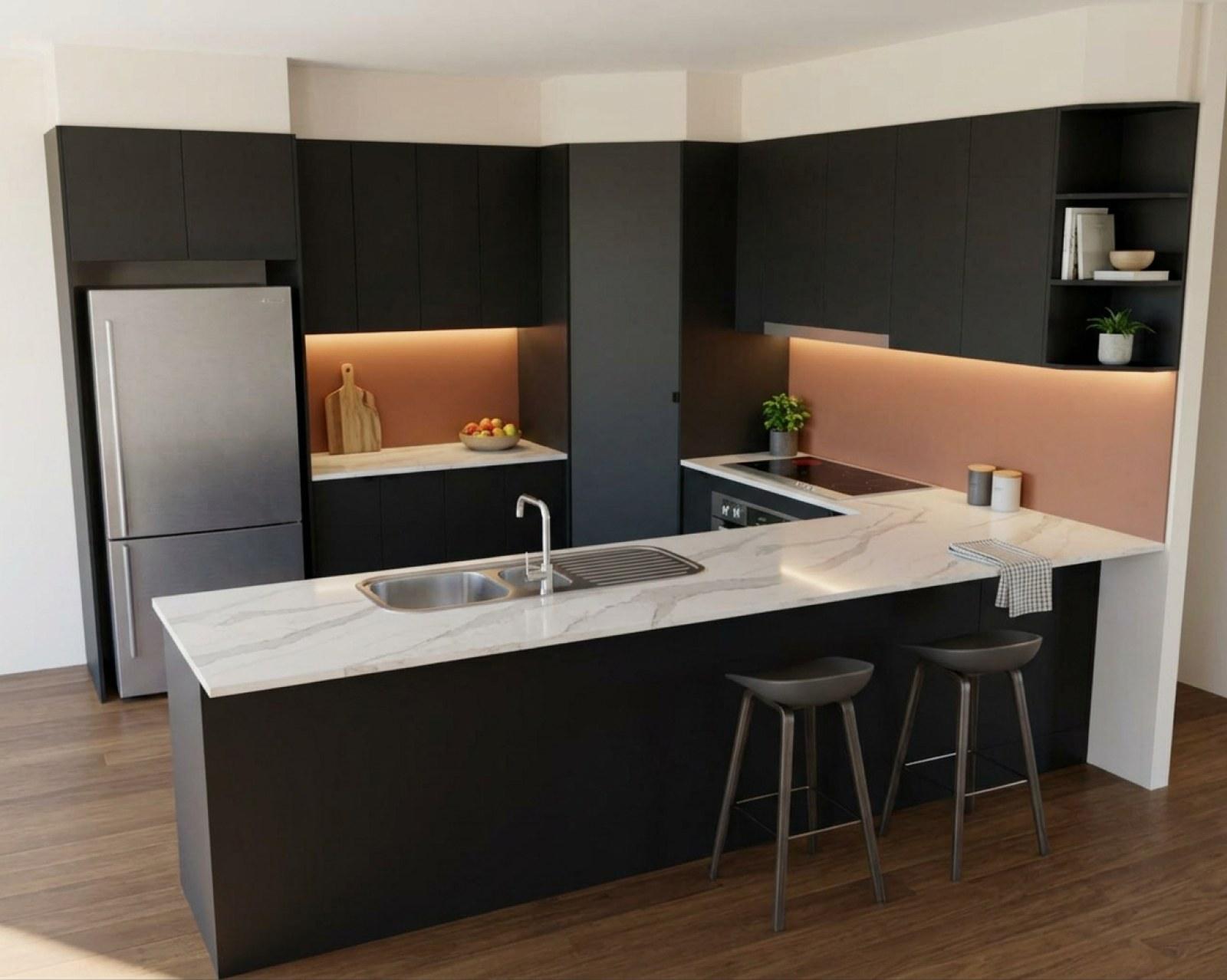 A kitchen render with matte black cabinets and the splashback in terracotta