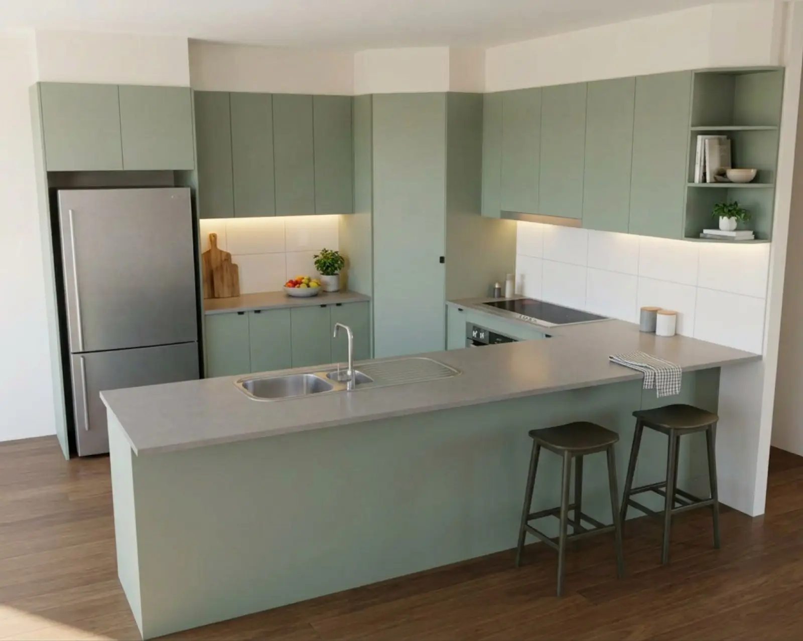 A kitchen render with sage cabinets and the benchtop in grey stone