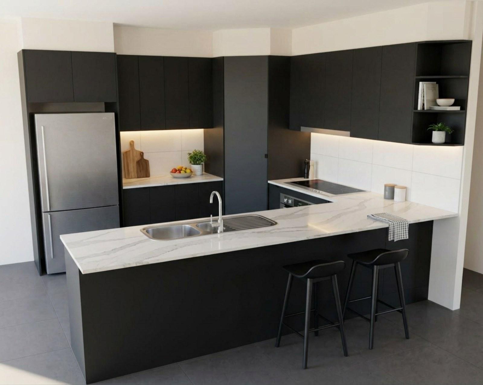 A kitchen render with matte black cabinets and the floor in charcoal tile