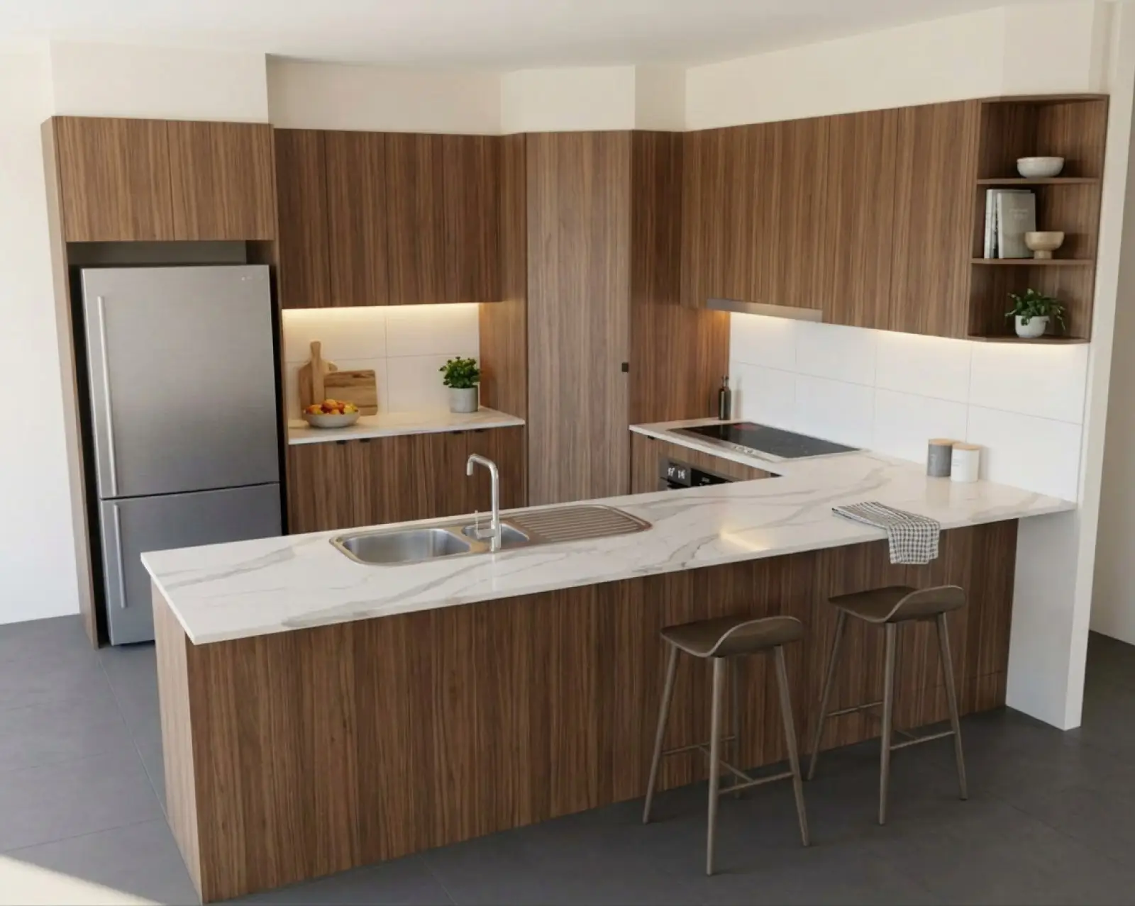 A kitchen render with walnut cabinets and the floor in charcoal tile