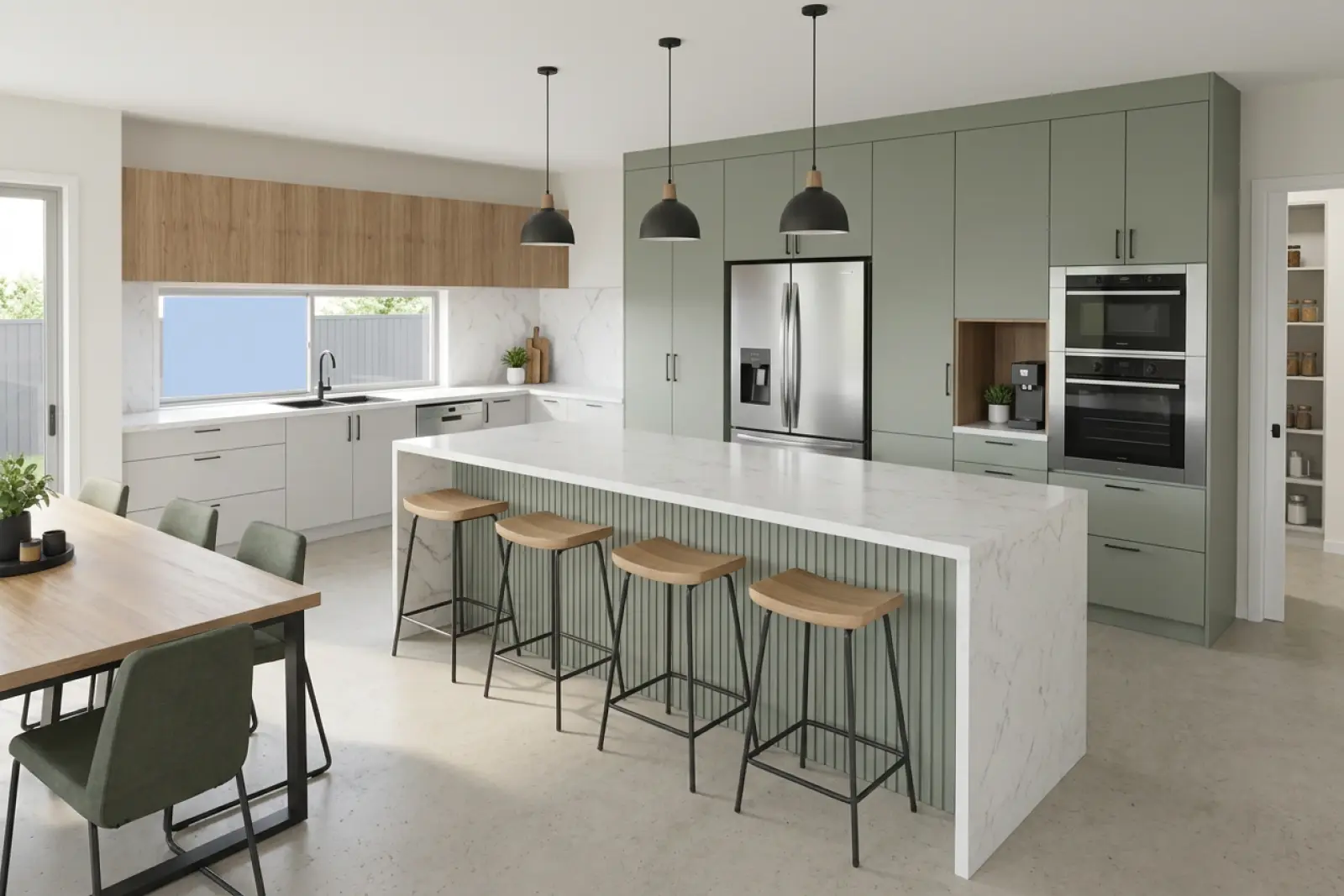A kitchen render with sage tall cabinets, a sage fluted island under a white marble waterfall benchtop, and oak overheads