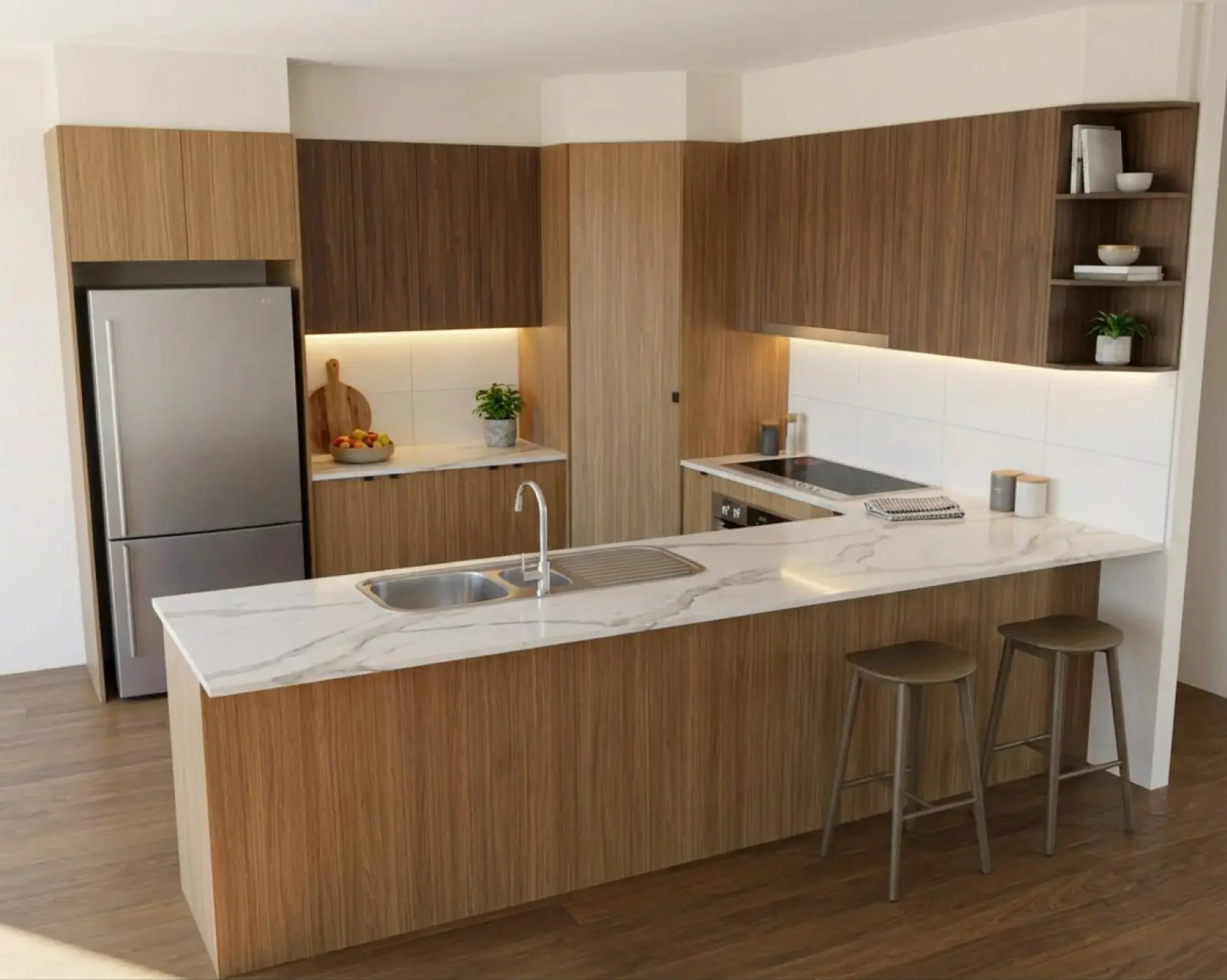 A kitchen render with oak cabinets and the overheads in walnut