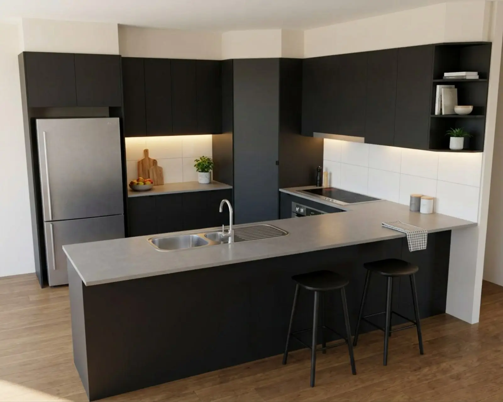 A kitchen render with matte black cabinets and the benchtop in grey stone