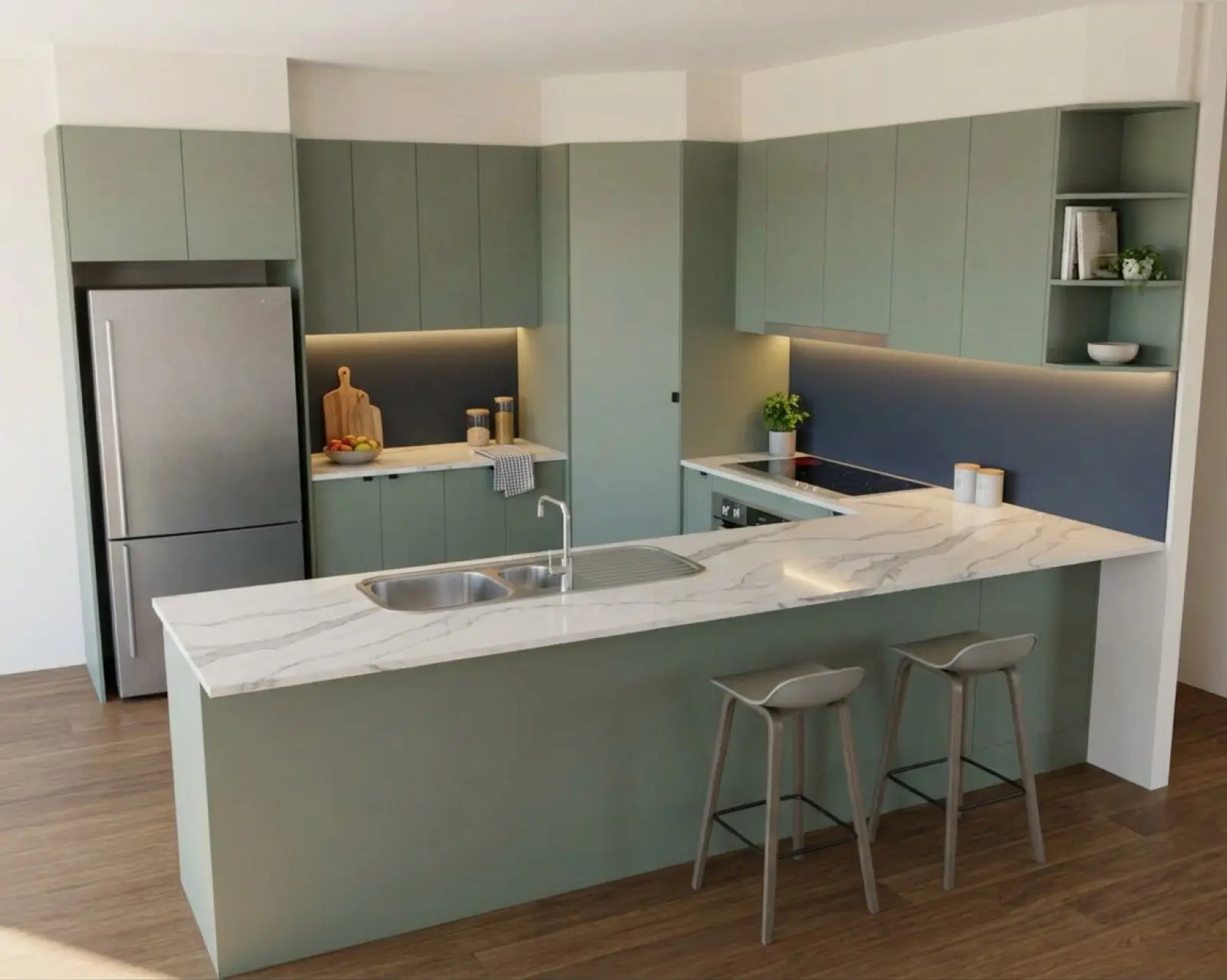 A kitchen render with sage cabinets and the splashback in navy