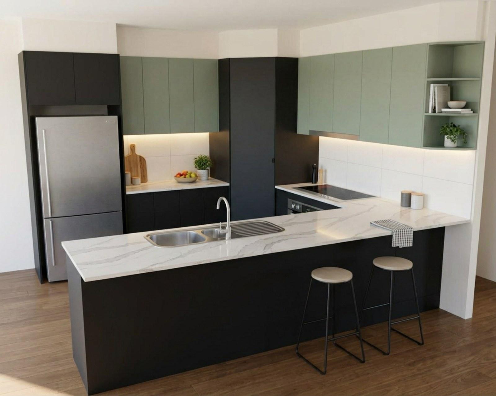 A kitchen render with matte black cabinets and the overheads in sage