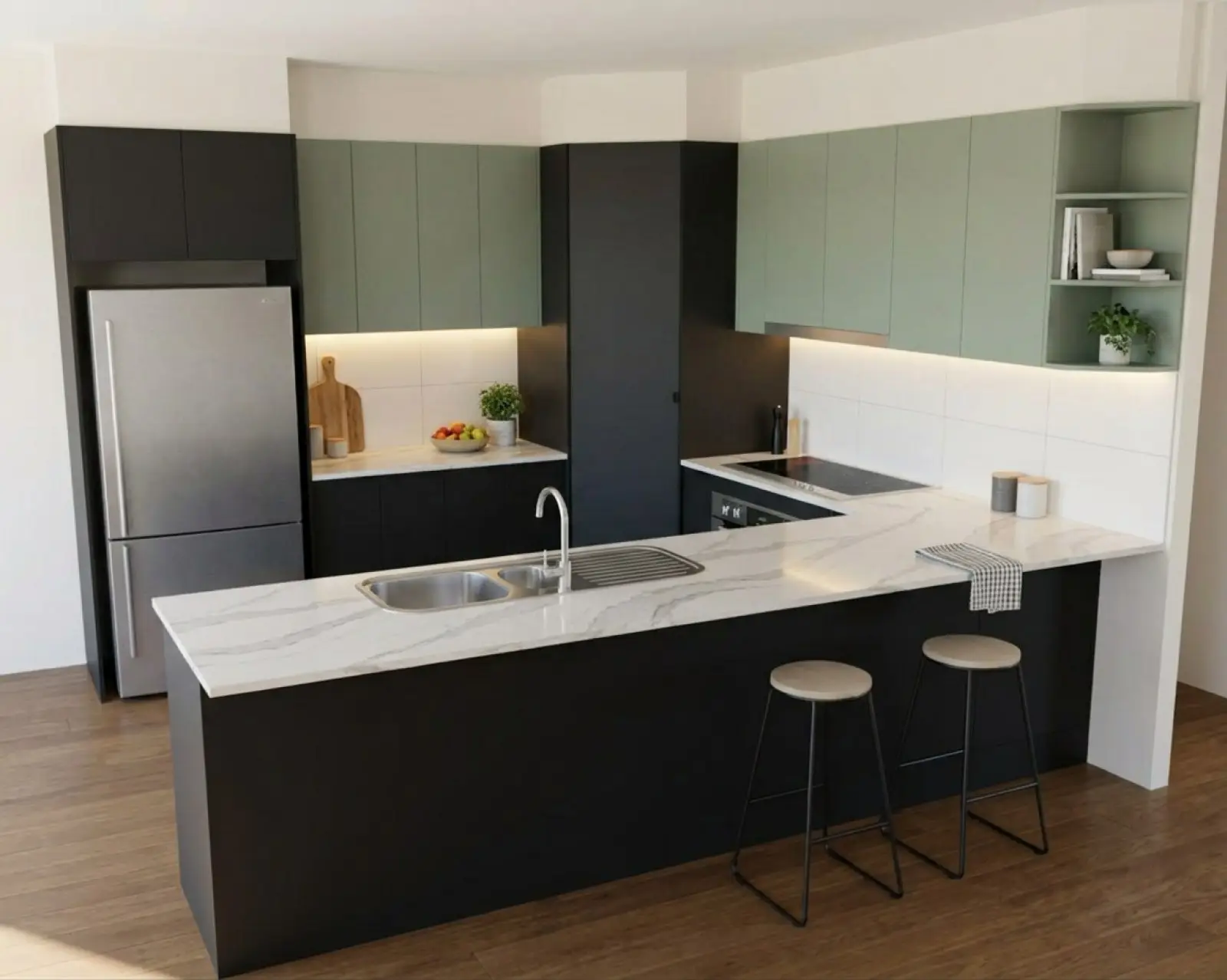 A kitchen render with matte black cabinets and the overheads in sage