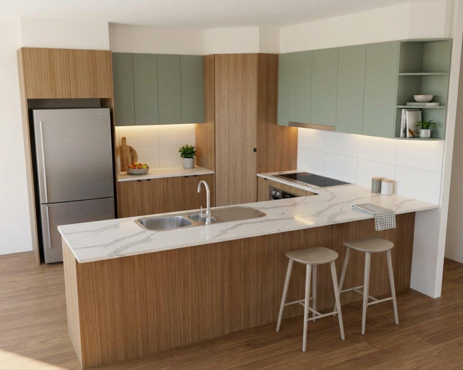 A kitchen render with oak cabinets and the overheads in sage